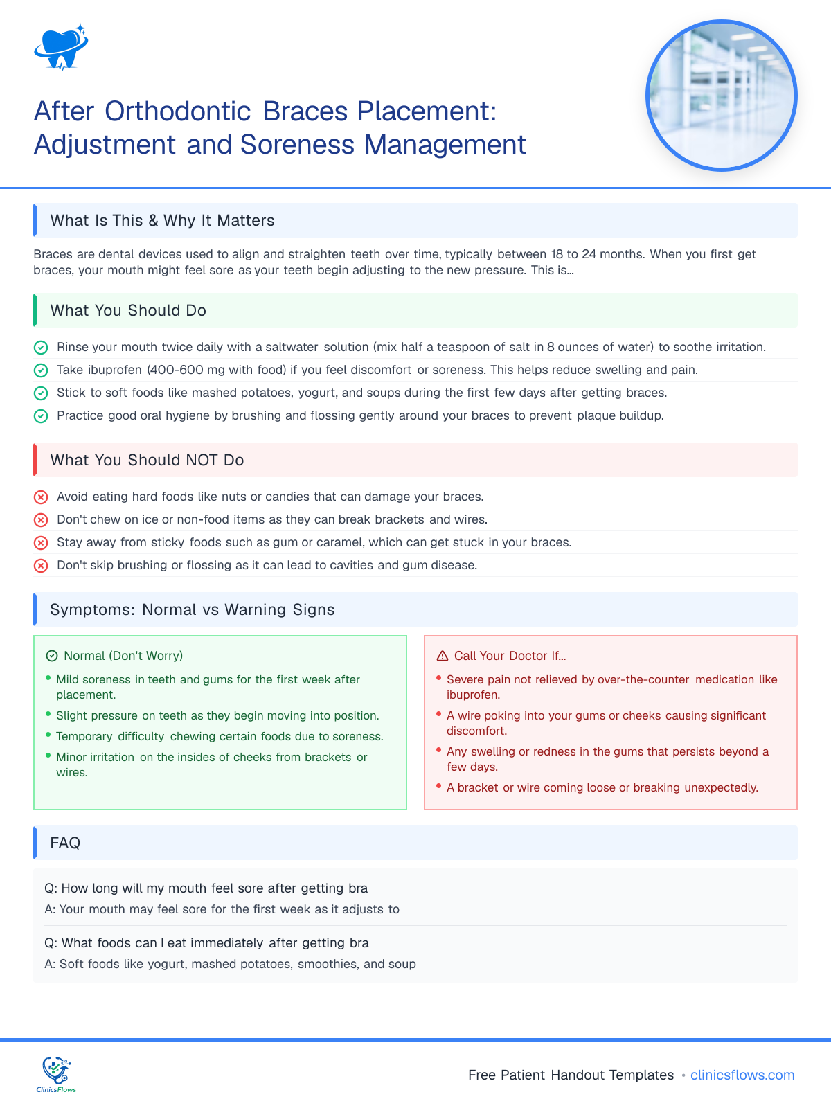 After Orthodontic Braces Placement: Adjustment and Soreness Management - patient handout preview
