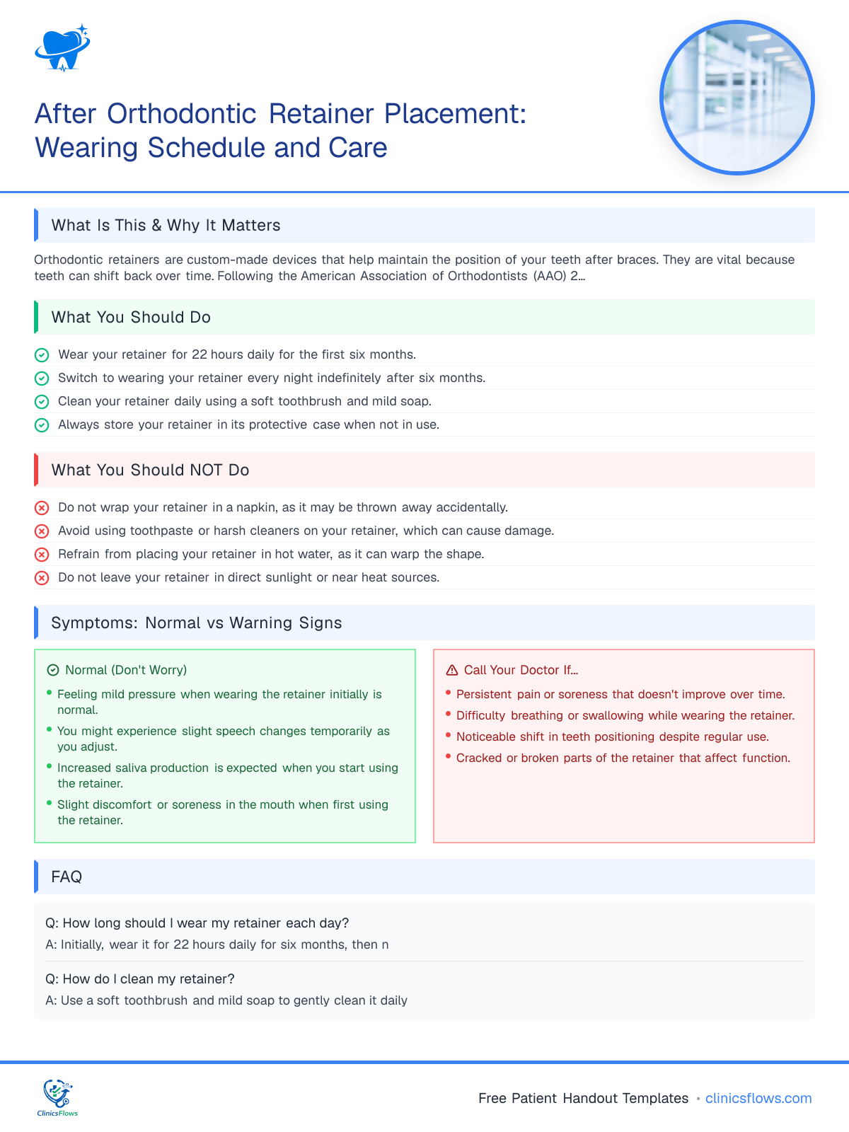 After Orthodontic Retainer Placement: Wearing Schedule and Care - patient handout preview