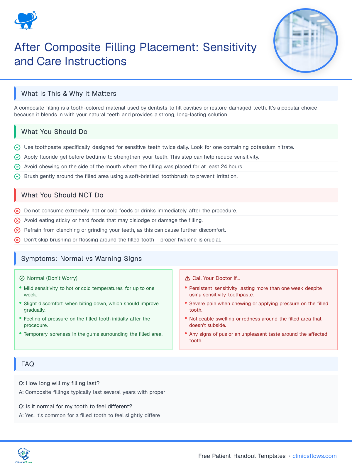 After Composite Filling Placement: Sensitivity and Care Instructions - patient handout preview