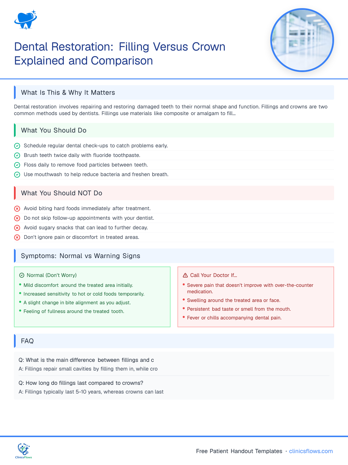 Dental Restoration: Filling Versus Crown Explained and Comparison - patient handout preview