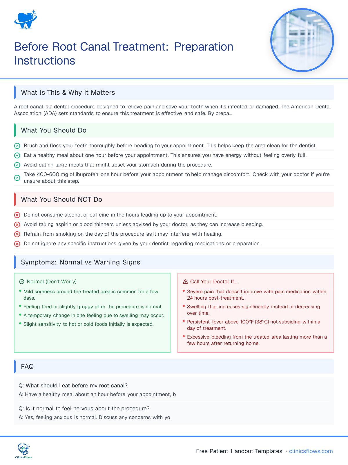 Before Root Canal Treatment: Preparation Instructions - patient handout preview