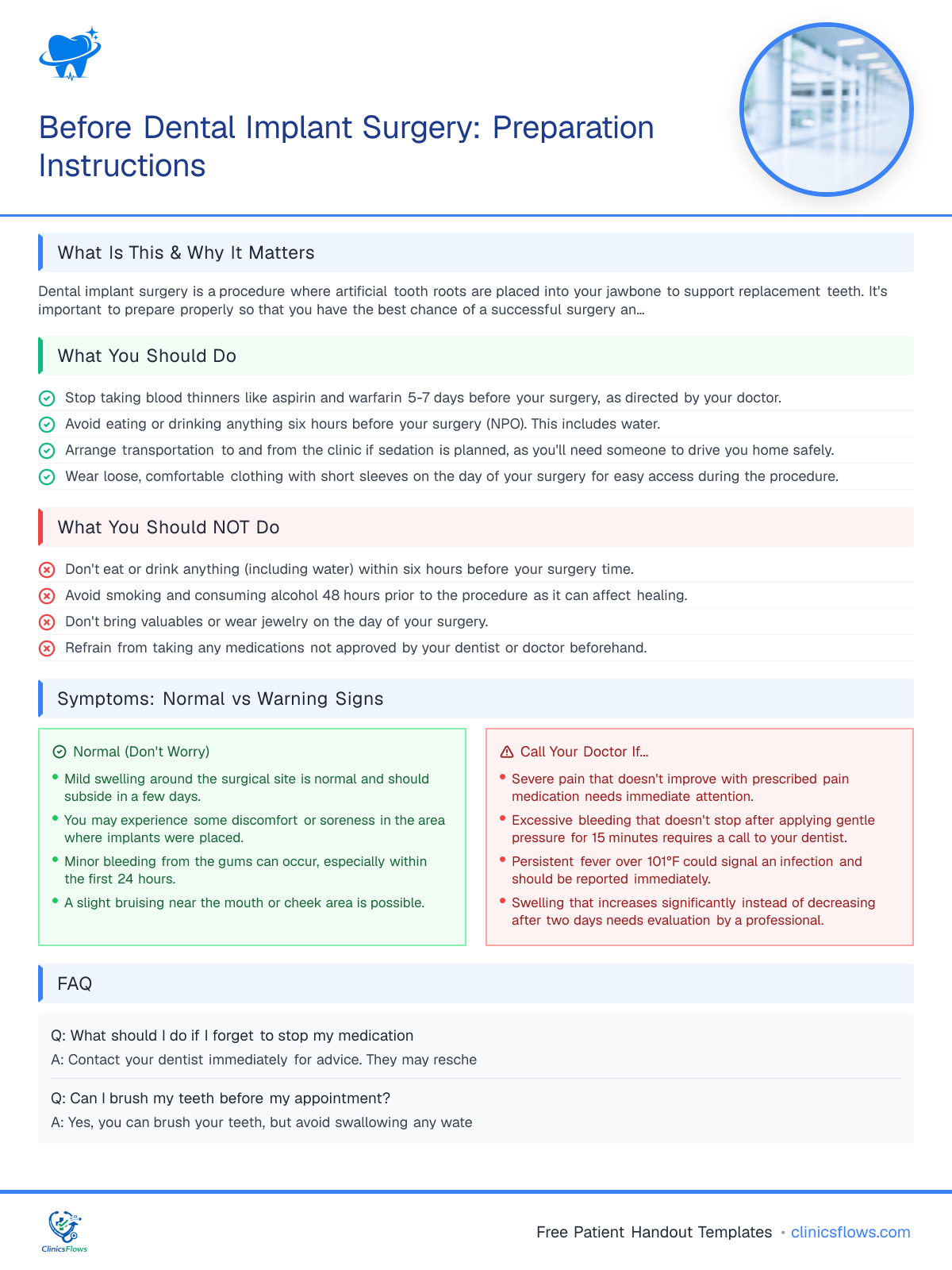 Before Dental Implant Surgery: Preparation Instructions - patient handout preview