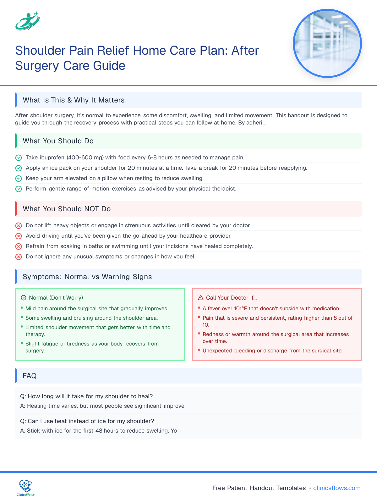 Shoulder Pain Relief Home Care Plan: After Surgery Care Guide - patient handout preview