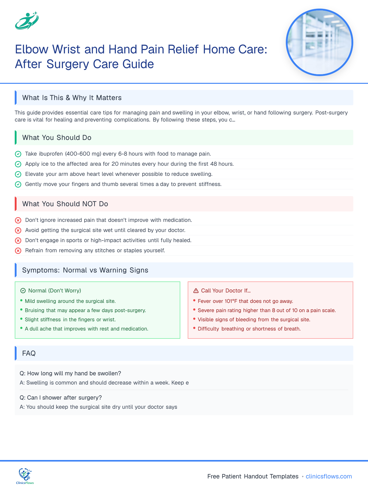 Elbow Wrist and Hand Pain Relief Home Care: After Surgery Care Guide - patient handout preview