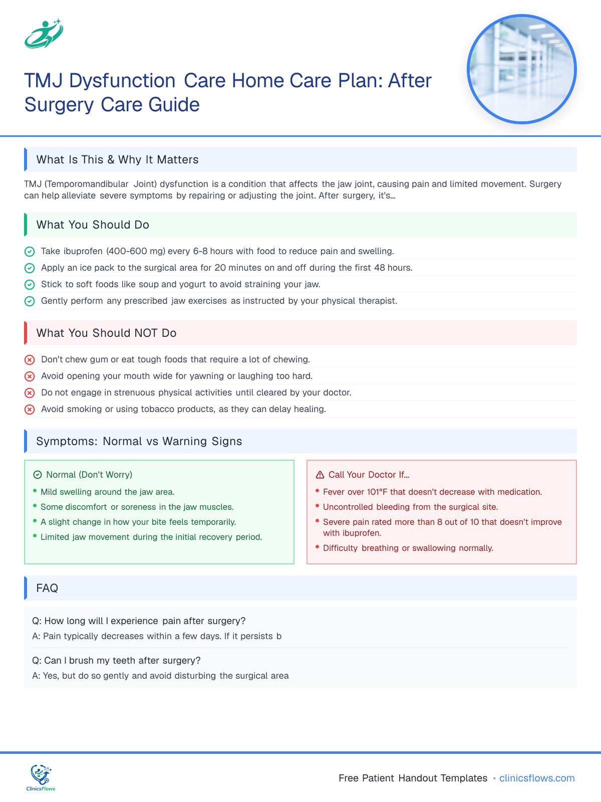 TMJ Dysfunction Care Home Care Plan: After Surgery Care Guide - patient handout preview