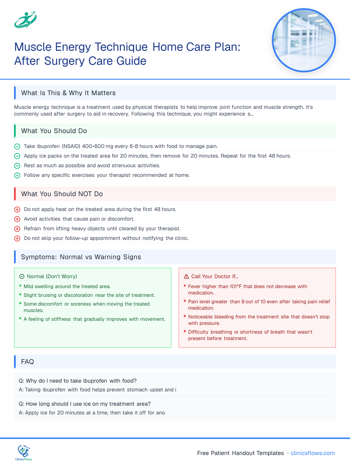 Muscle Energy Technique Home Care Plan: After Surgery Care Guide - patient handout preview