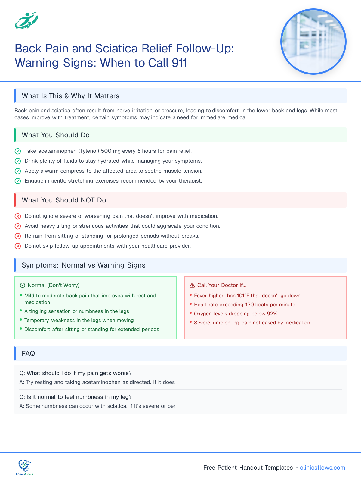 Back Pain and Sciatica Relief Follow-Up: Warning Signs: When to Call 911 - patient handout preview