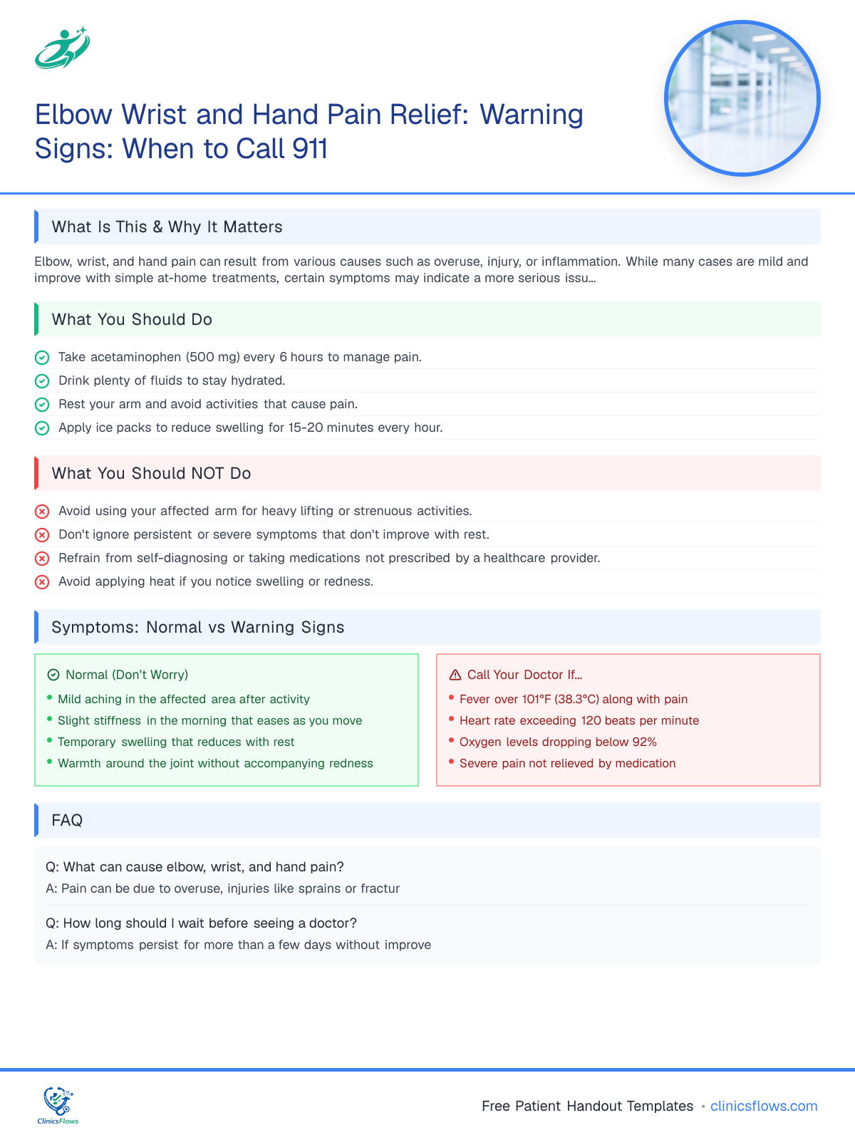 Elbow Wrist and Hand Pain Relief: Warning Signs: When to Call 911 - patient handout preview