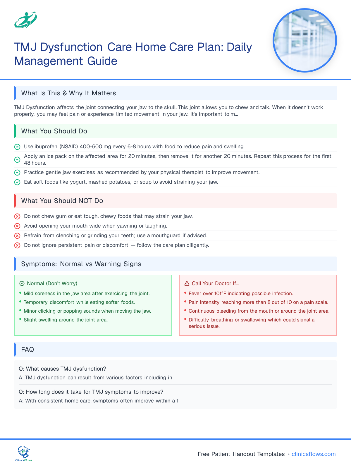 TMJ Dysfunction Care Home Care Plan: Daily Management Guide - patient handout preview