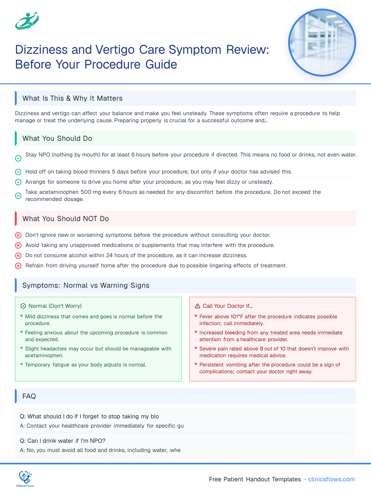 Dizziness and Vertigo Care Symptom Review: Before Your Procedure Guide - patient handout preview
