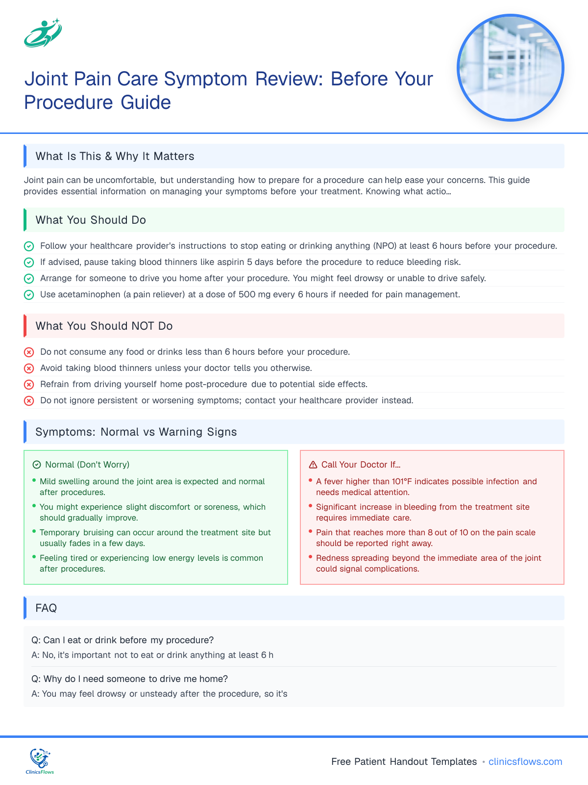 Joint Pain Care Symptom Review: Before Your Procedure Guide - patient handout preview