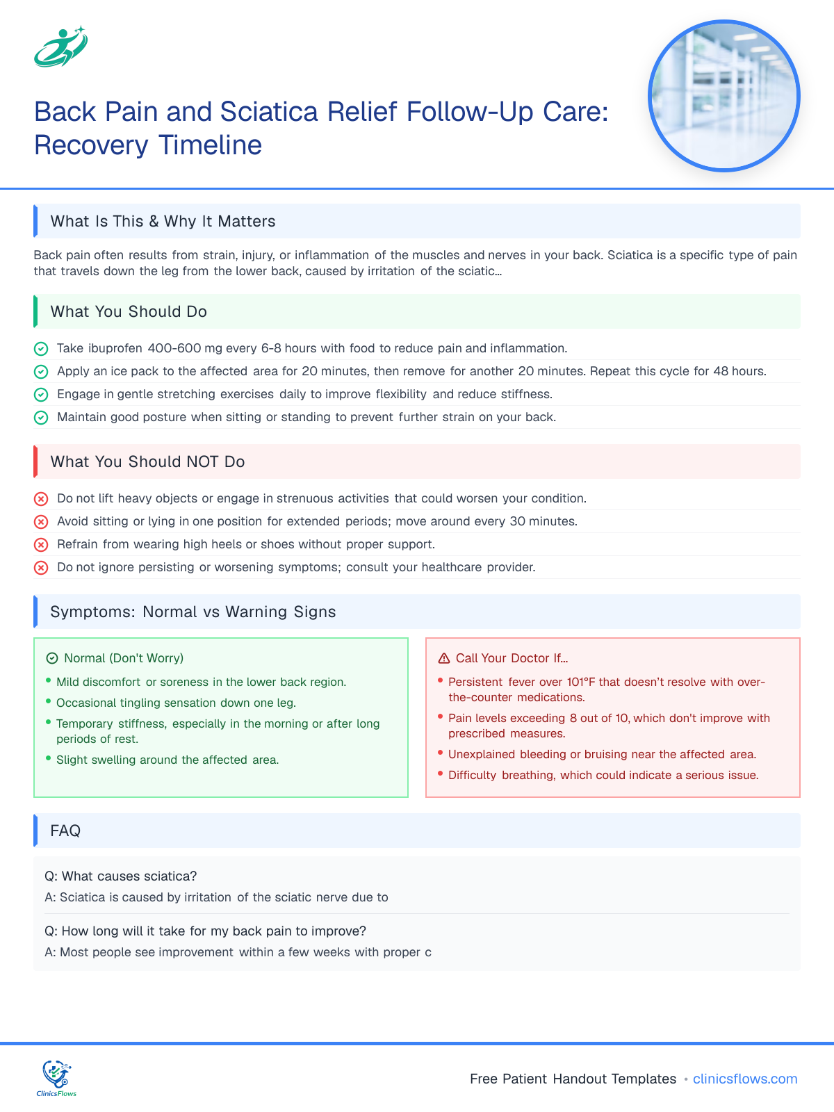 Back Pain and Sciatica Relief Follow-Up Care: Recovery Timeline - patient handout preview
