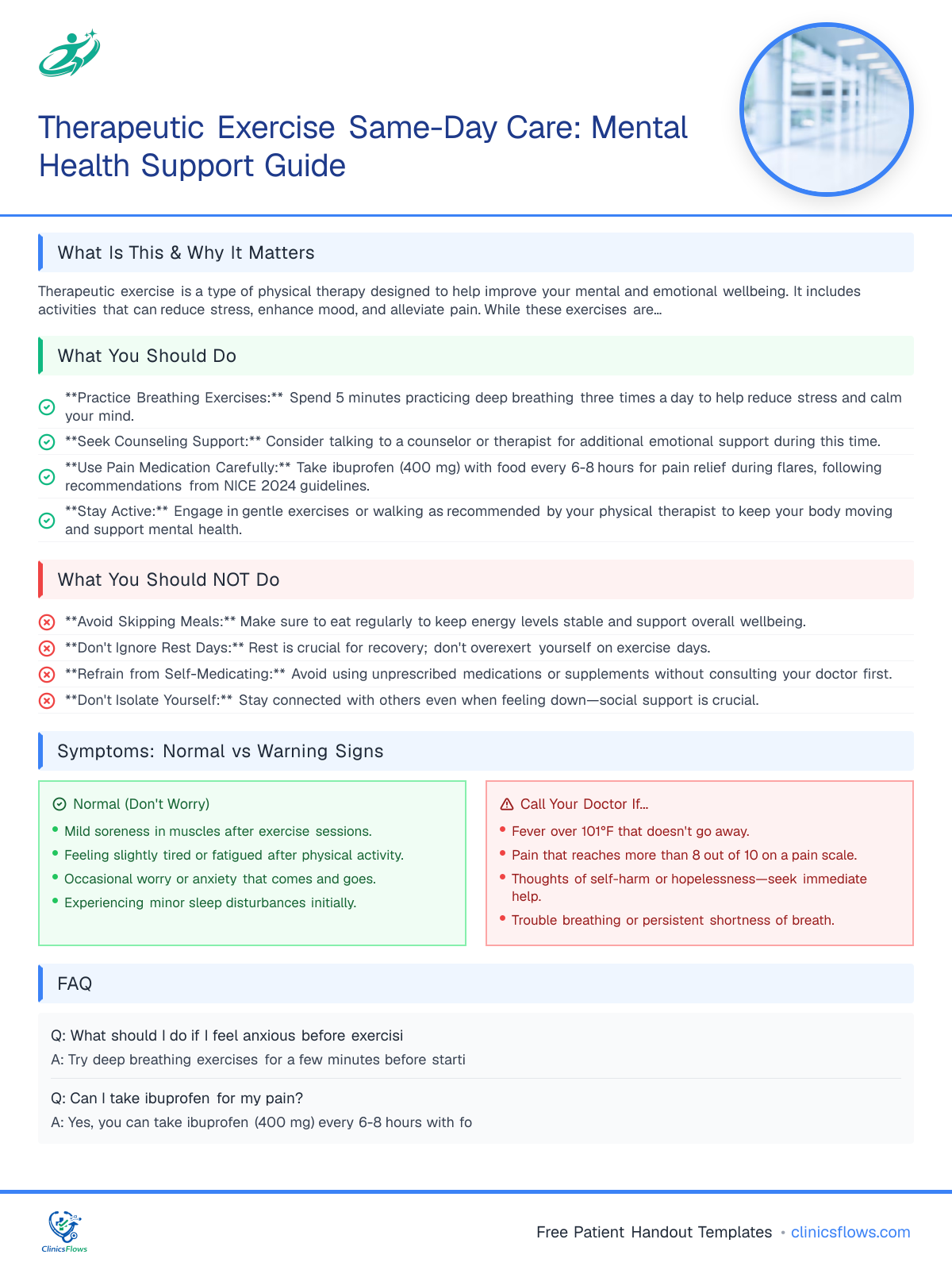 Therapeutic Exercise Same-Day Care: Mental Health Support Guide - patient handout preview