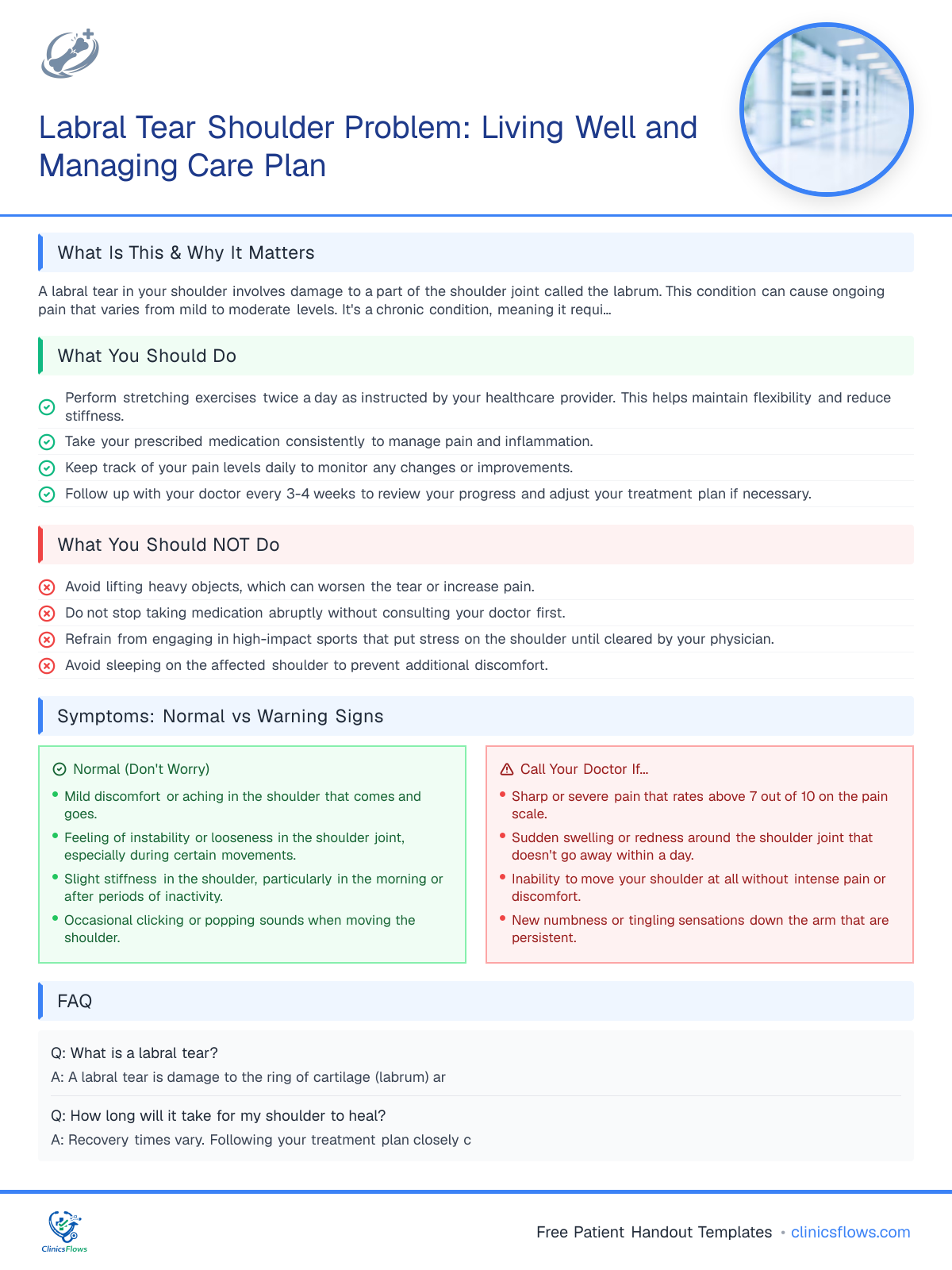 Labral Tear Shoulder Problem: Living Well and Managing Care Plan - patient handout preview