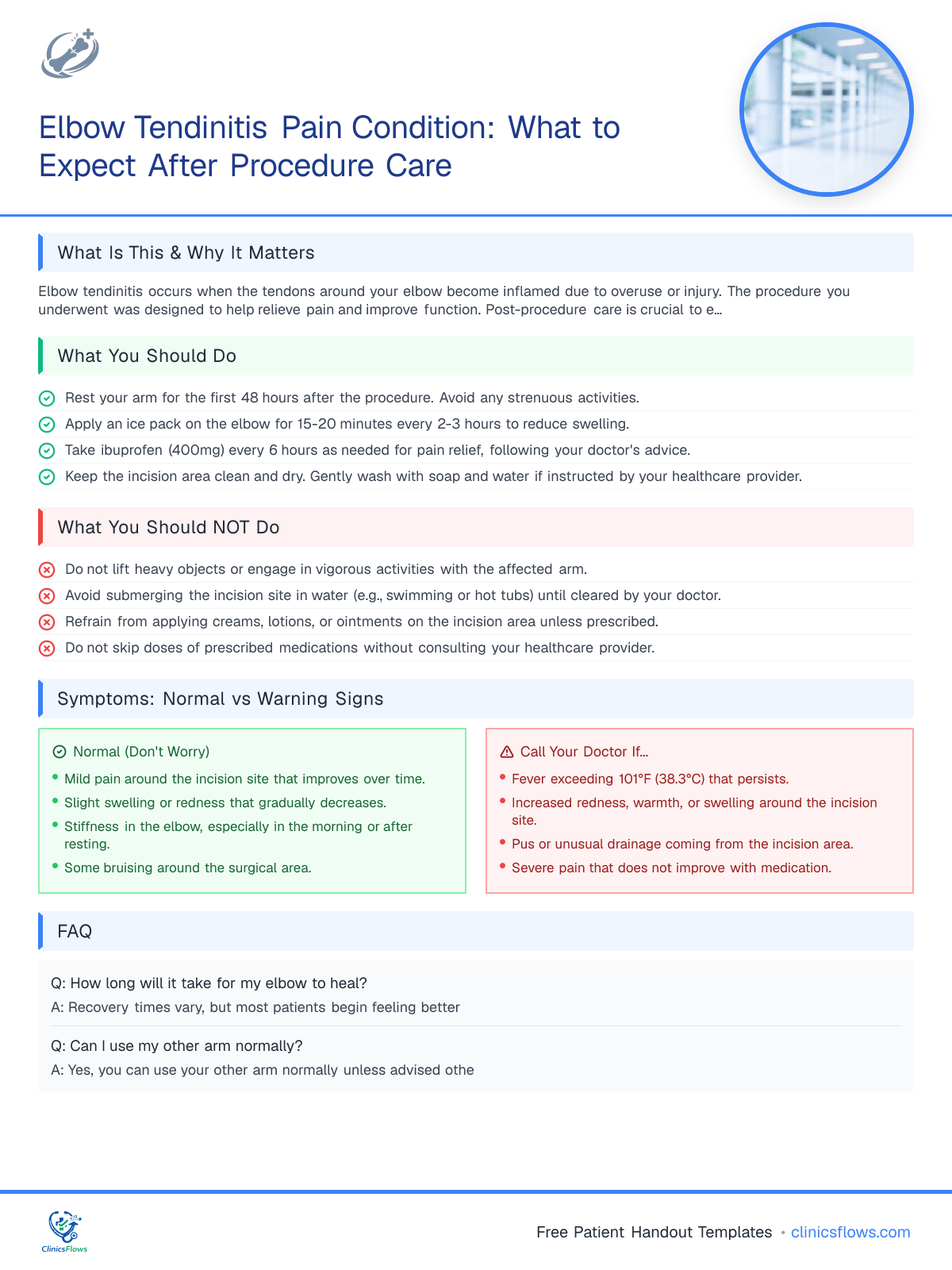 Elbow Tendinitis Pain Condition: What to Expect After Procedure Care - patient handout preview