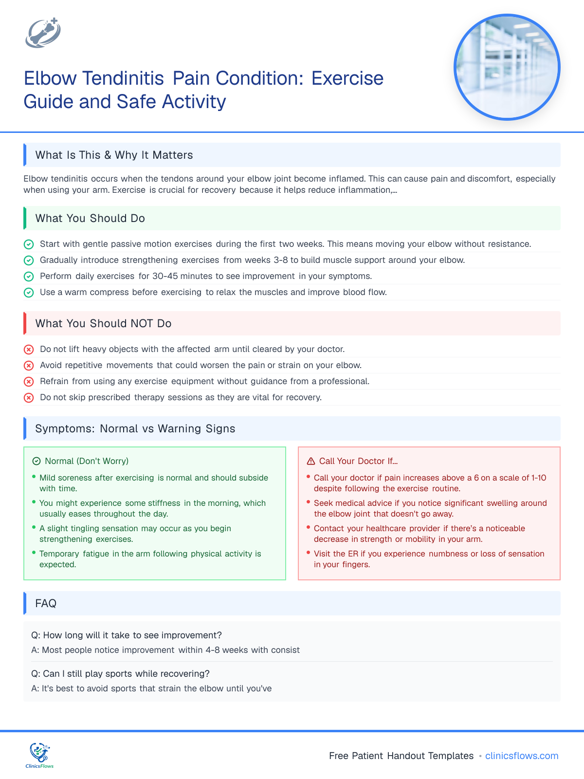 Elbow Tendinitis Pain Condition: Exercise Guide and Safe Activity - patient handout preview