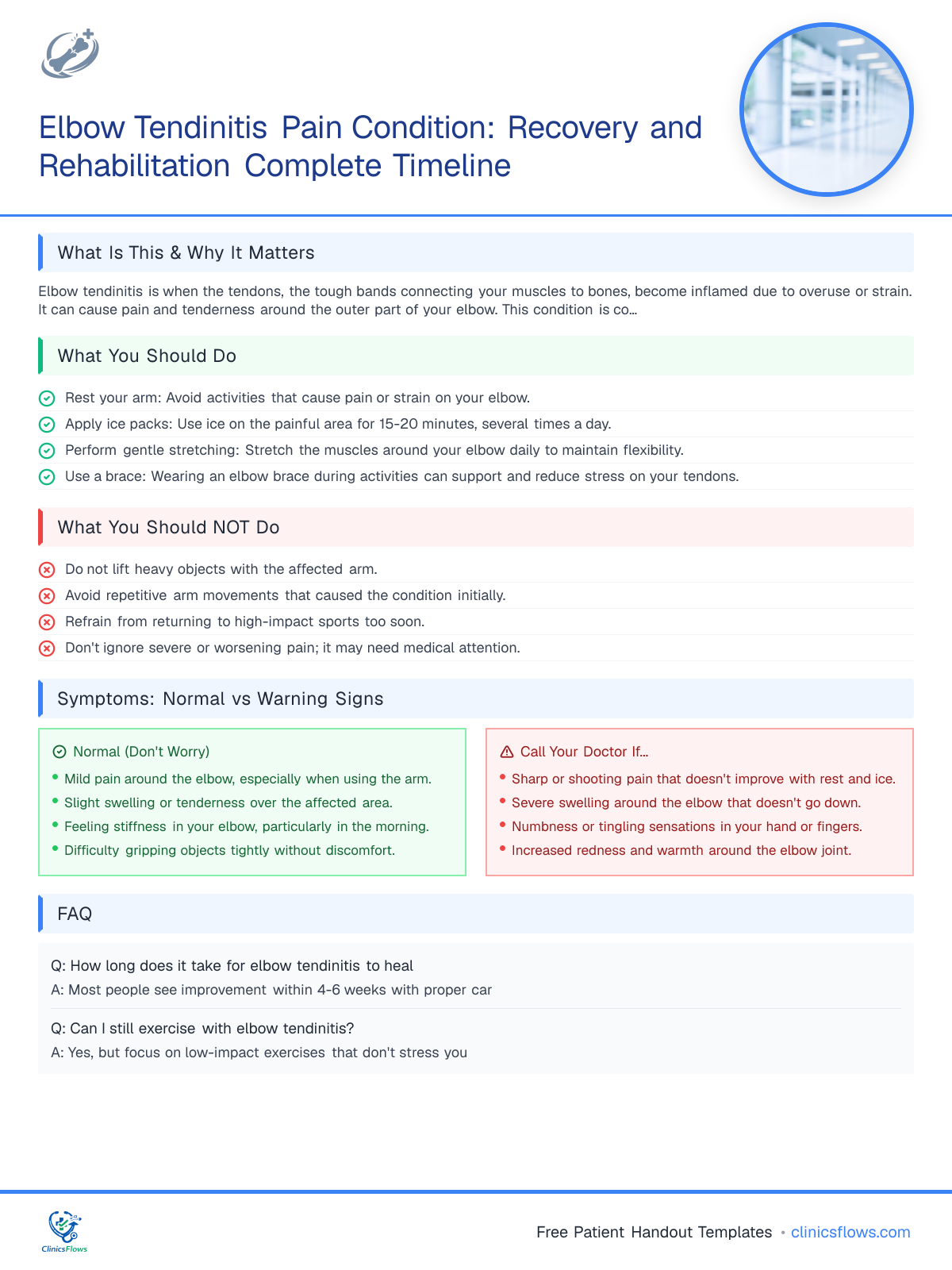Elbow Tendinitis Pain Condition: Recovery and Rehabilitation Complete Timeline - patient handout preview