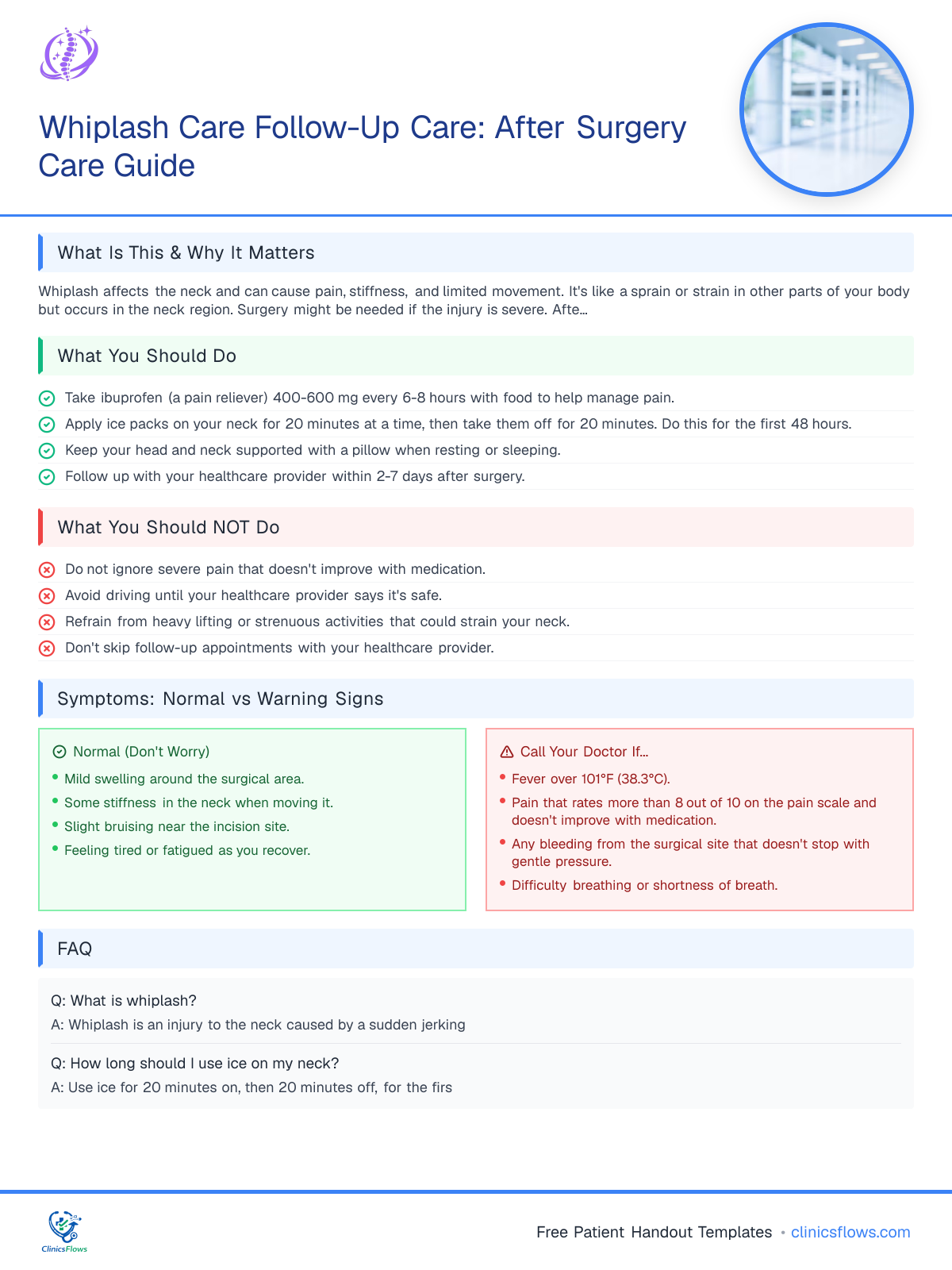 Whiplash Care Follow-Up Care: After Surgery Care Guide - patient handout preview