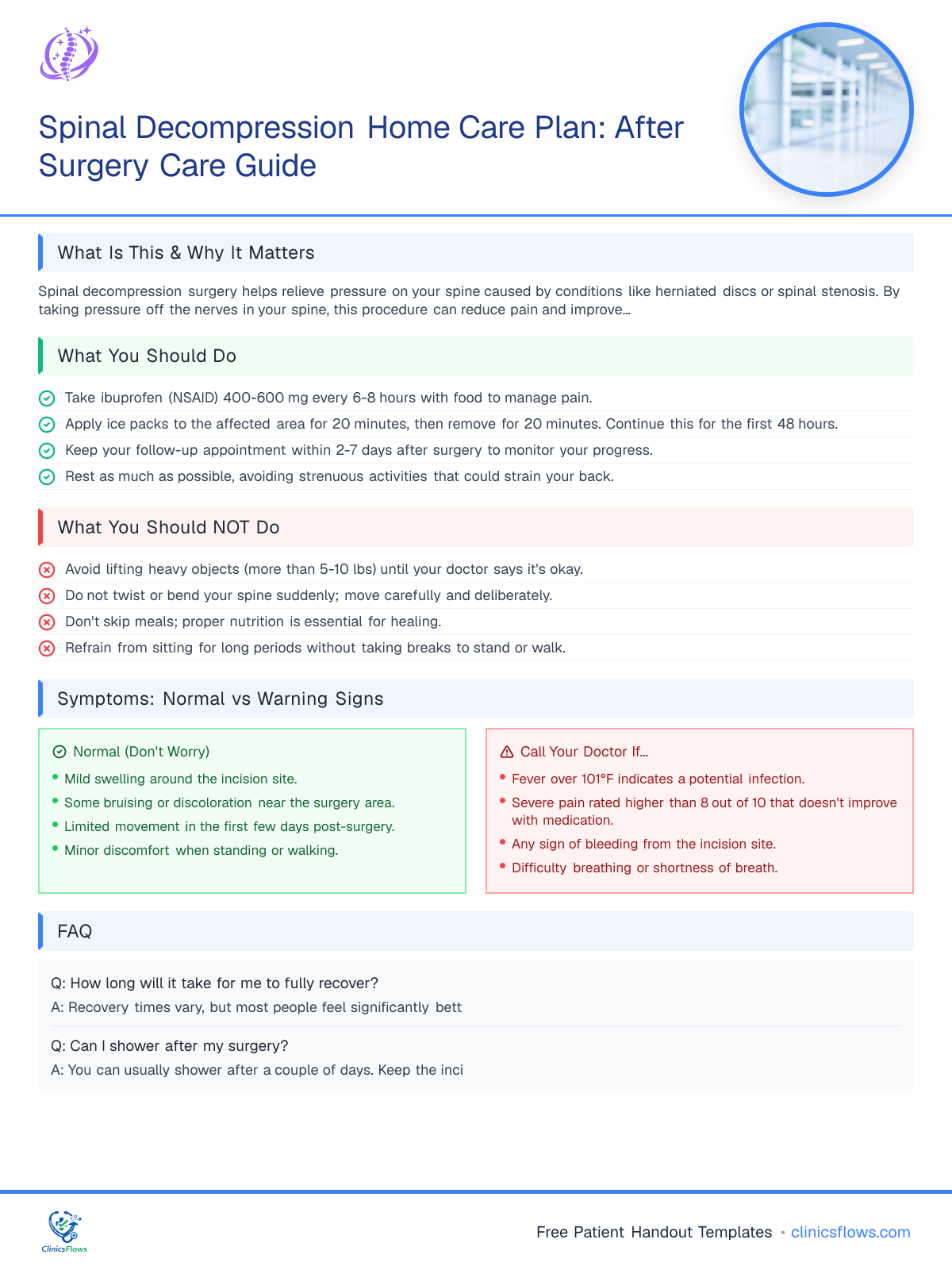 Spinal Decompression Home Care Plan: After Surgery Care Guide - patient handout preview