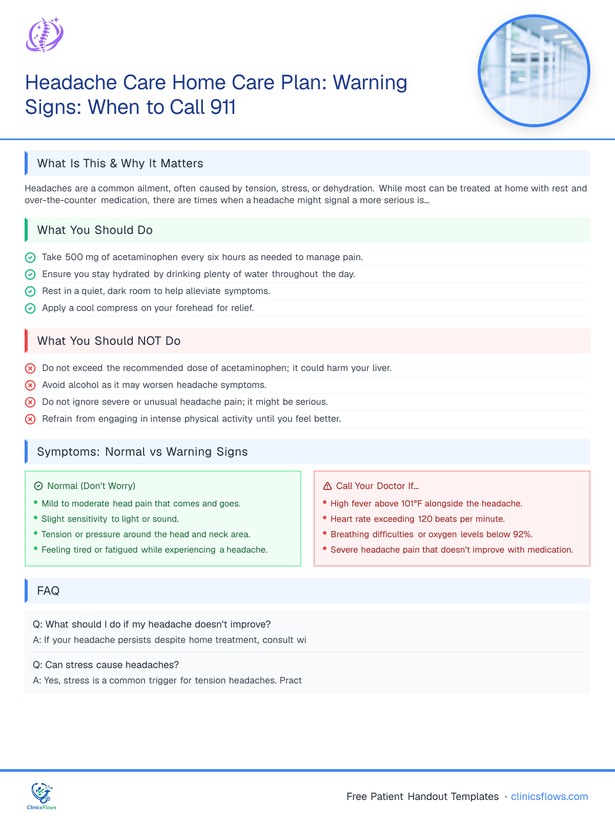 Headache Care Home Care Plan: Warning Signs: When to Call 911 - patient handout preview