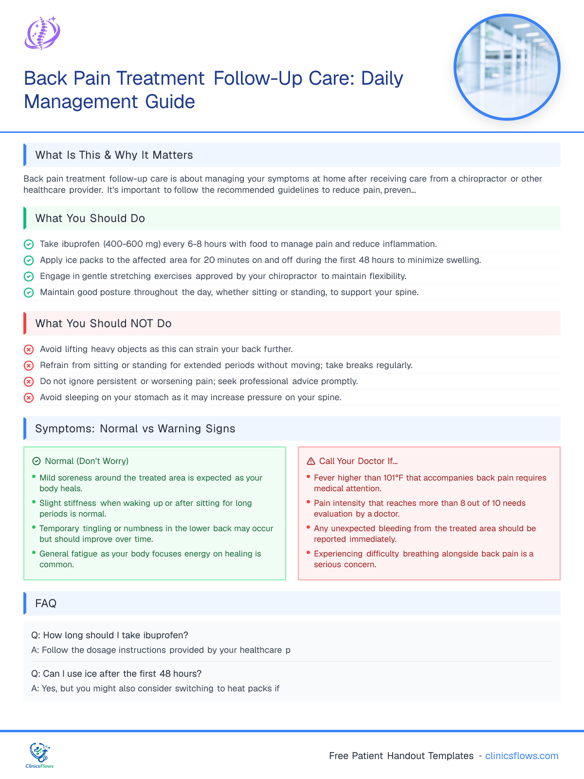 Back Pain Treatment Follow-Up Care: Daily Management Guide - patient handout preview
