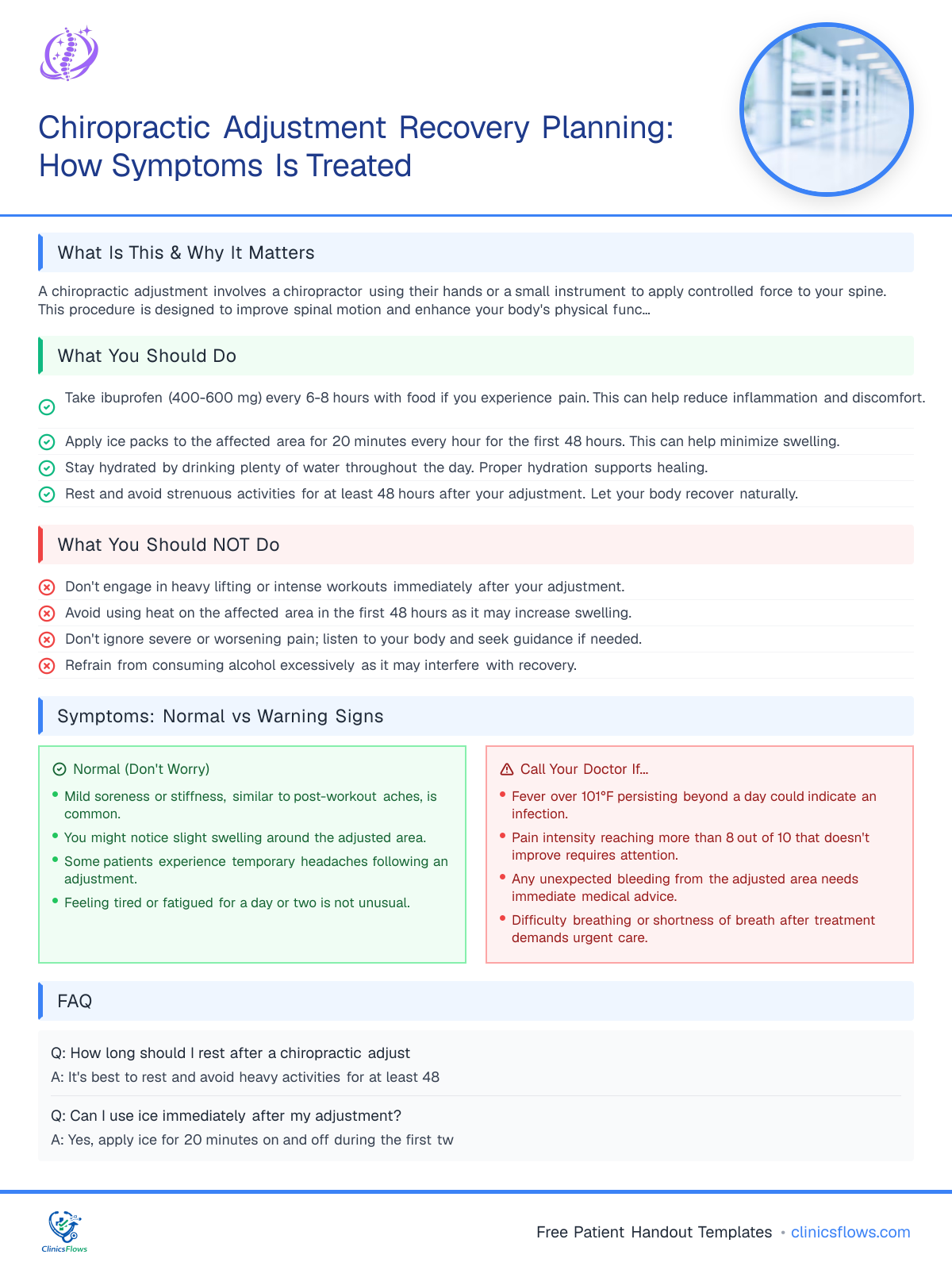 Chiropractic Adjustment Recovery Planning: How Symptoms Is Treated - patient handout preview