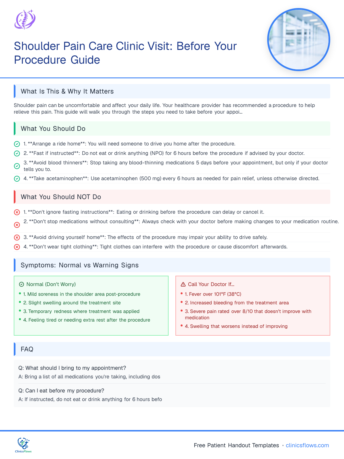 Shoulder Pain Care Clinic Visit: Before Your Procedure Guide - patient handout preview