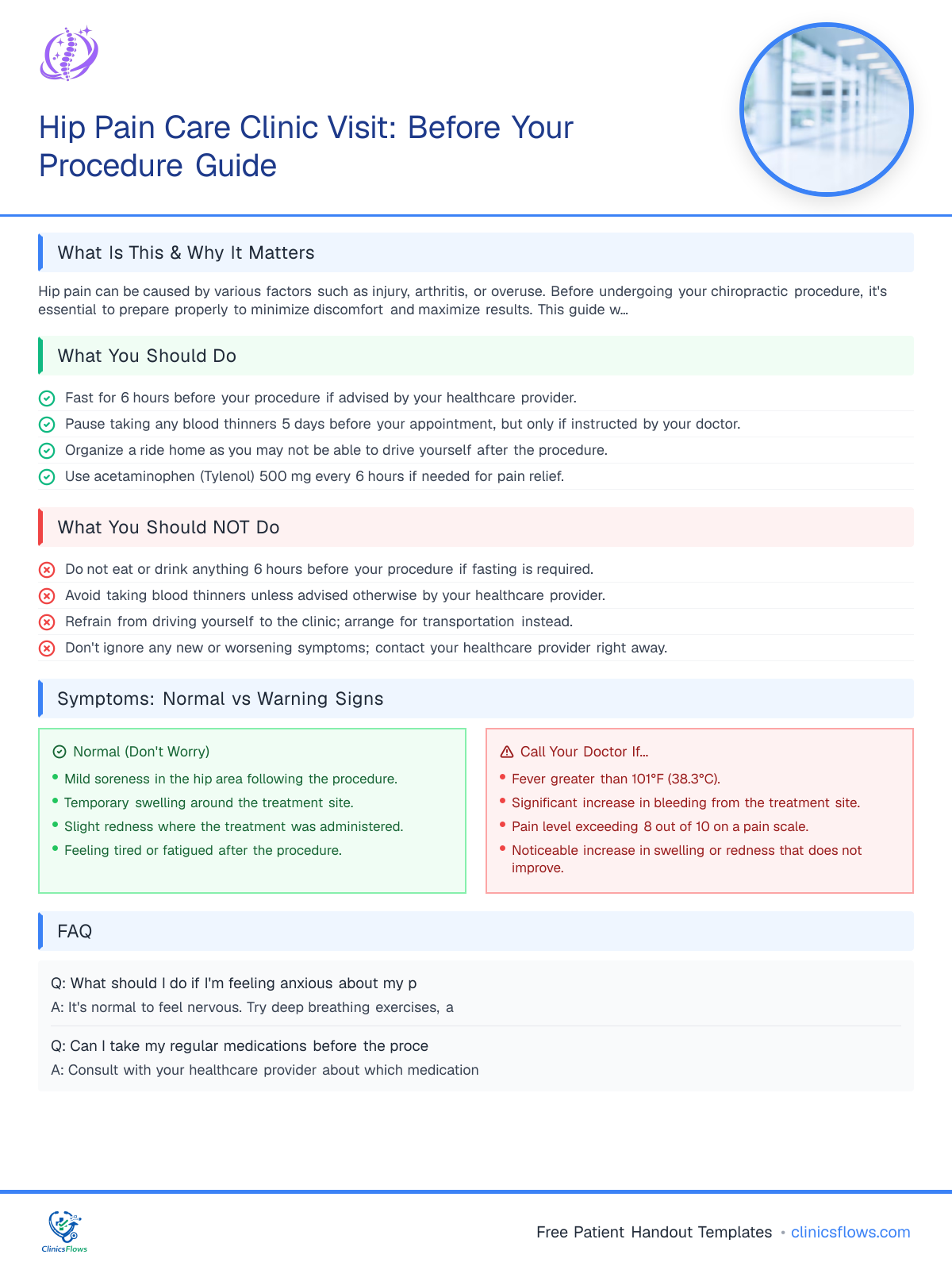 Hip Pain Care Clinic Visit: Before Your Procedure Guide - patient handout preview