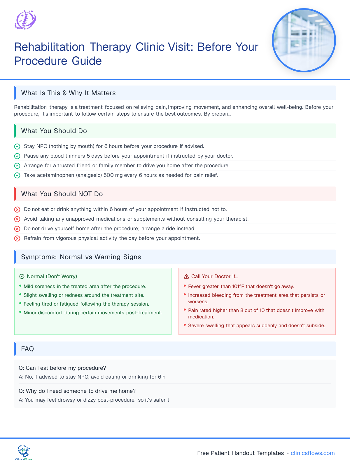 Rehabilitation Therapy Clinic Visit: Before Your Procedure Guide - patient handout preview