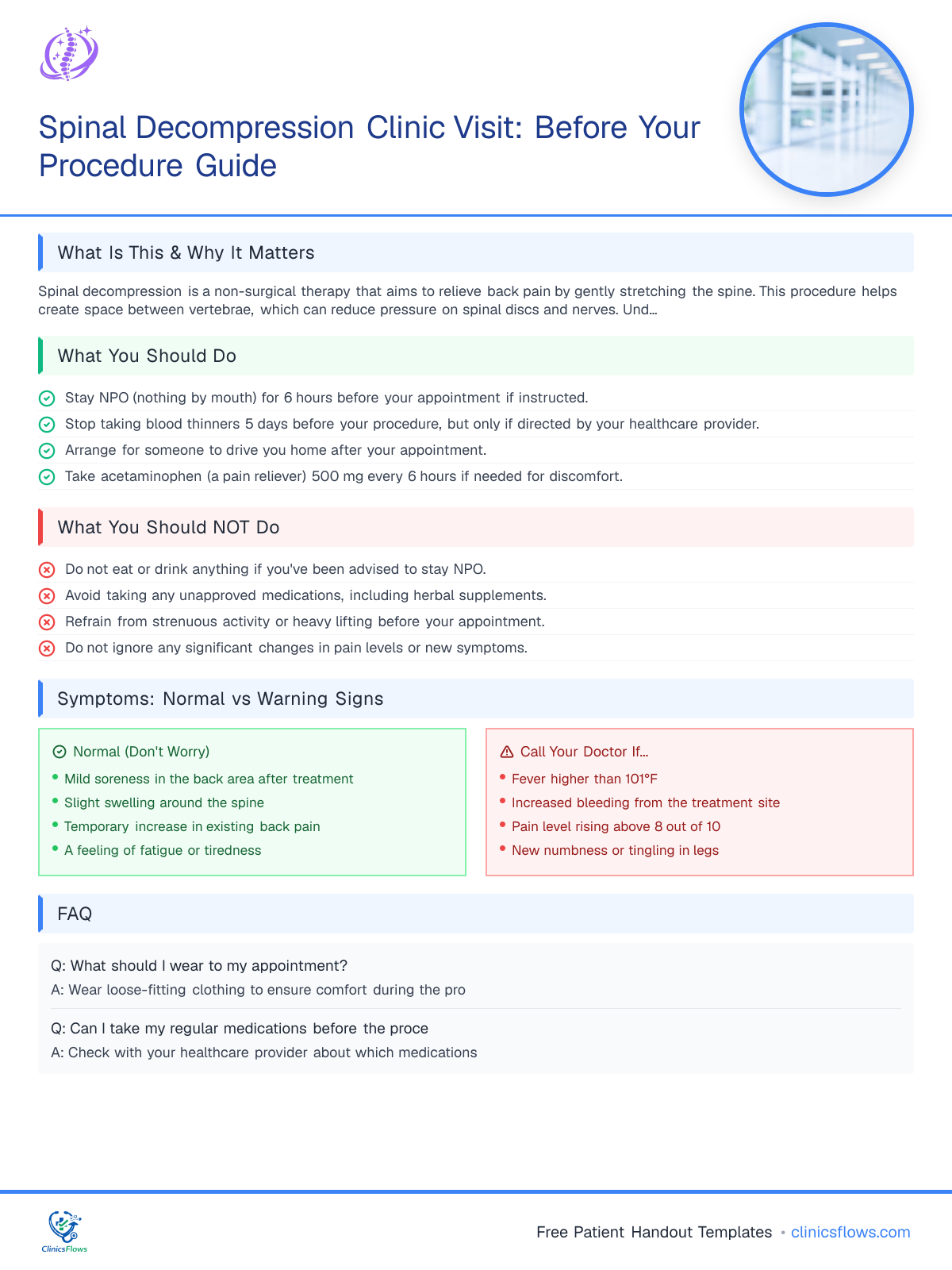 Spinal Decompression Clinic Visit: Before Your Procedure Guide - patient handout preview