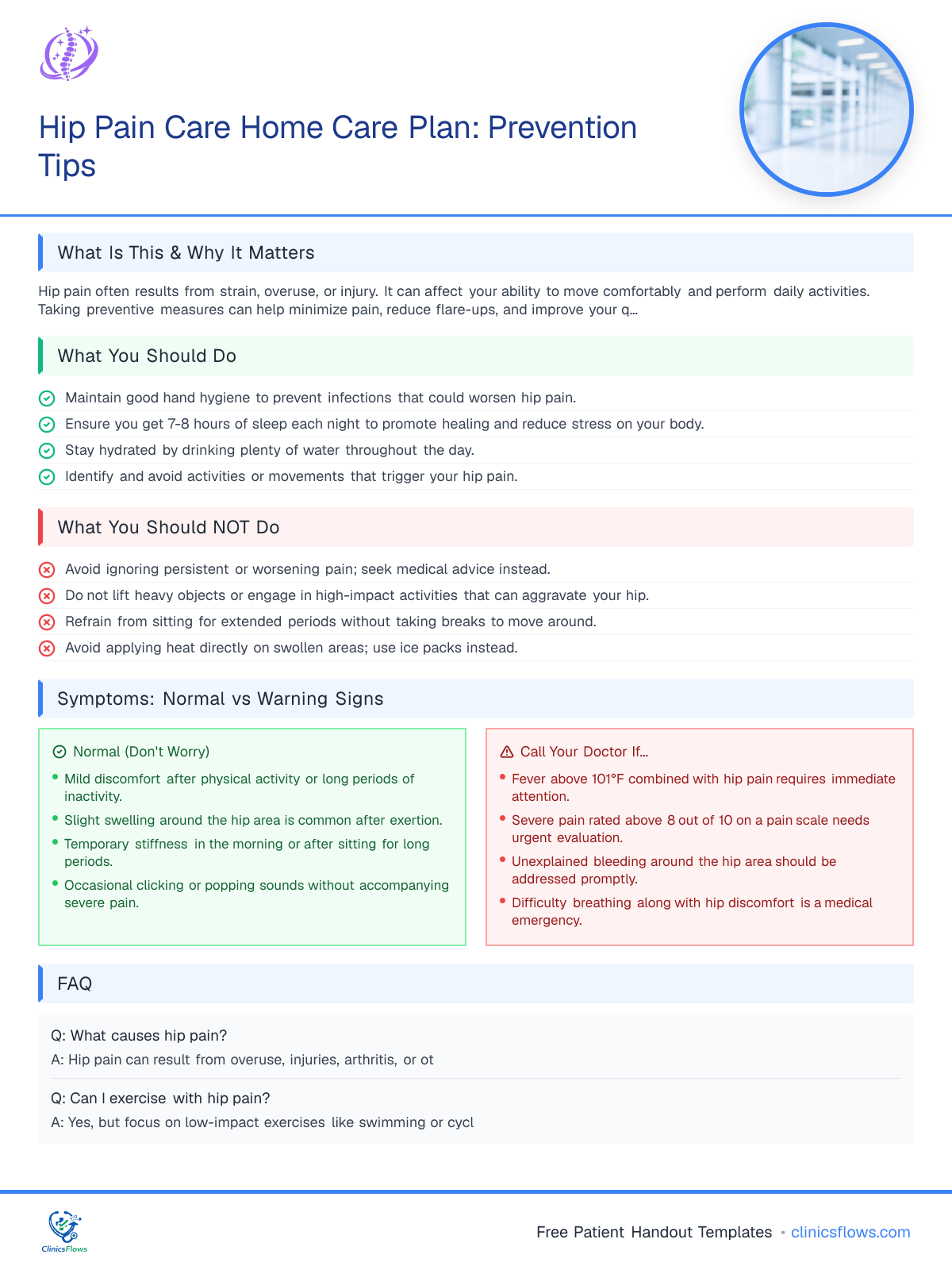 Hip Pain Care Home Care Plan: Prevention Tips - patient handout preview