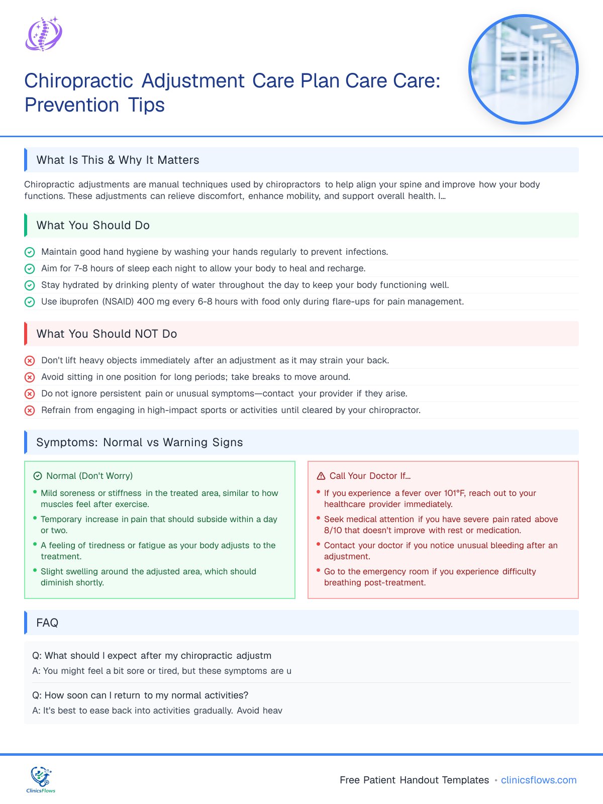 Chiropractic Adjustment Care Plan Care Care: Prevention Tips - patient handout preview