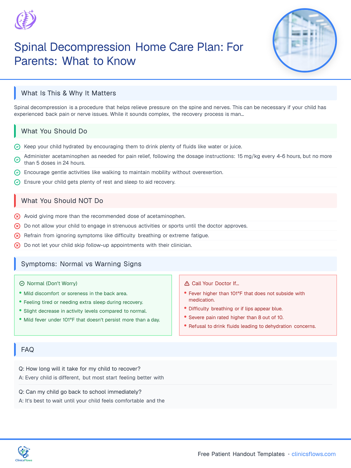 Spinal Decompression Home Care Plan: For Parents: What to Know - patient handout preview