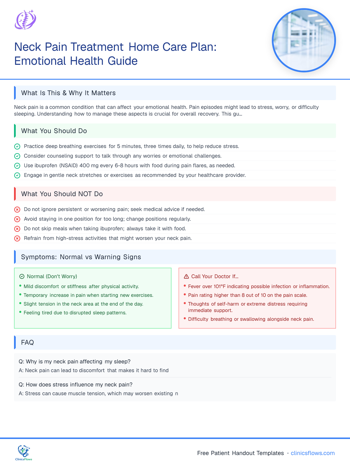 Neck Pain Treatment Home Care Plan: Emotional Health Guide - patient handout preview