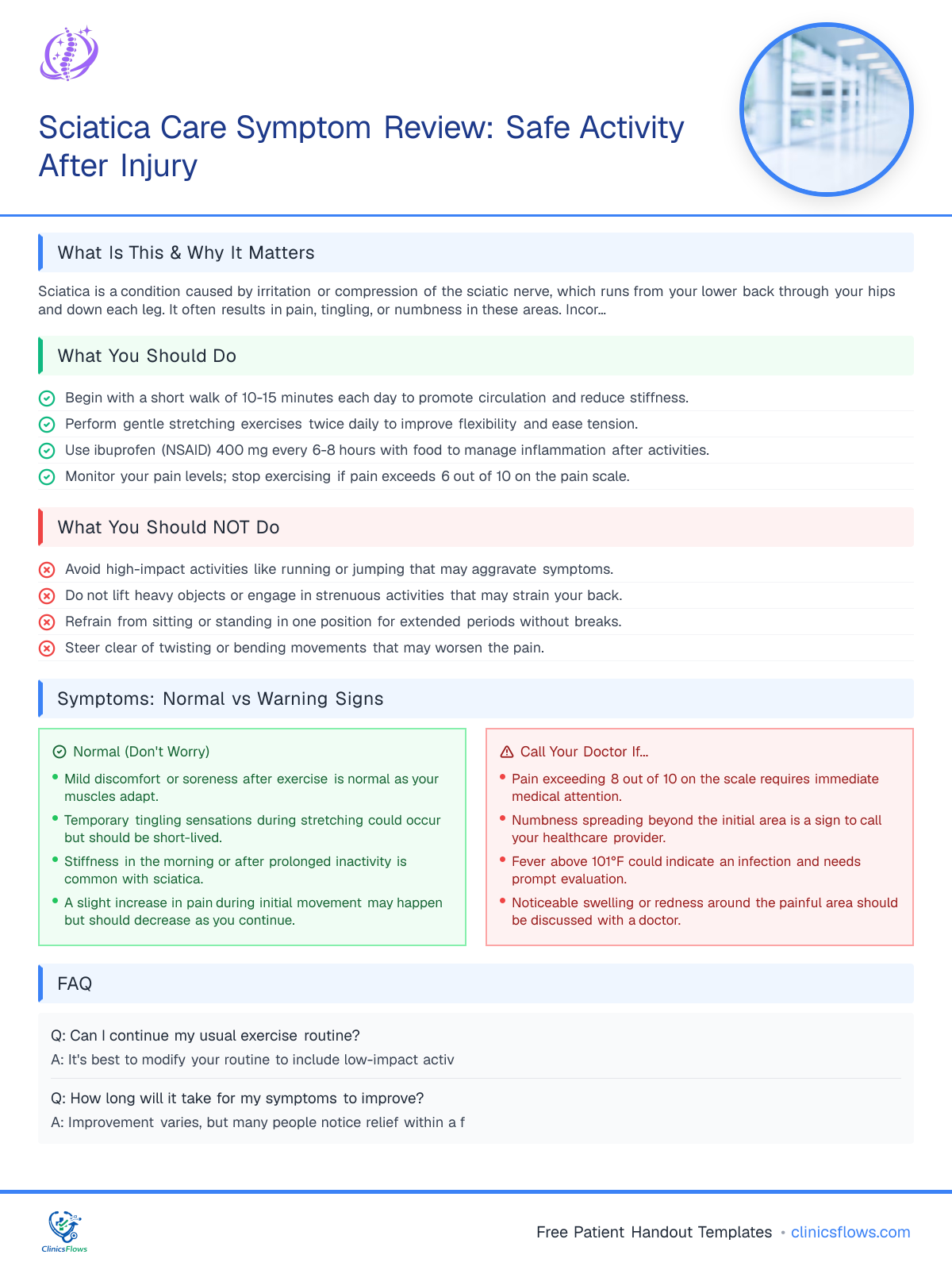 Sciatica Care Symptom Review: Safe Activity After Injury - patient handout preview