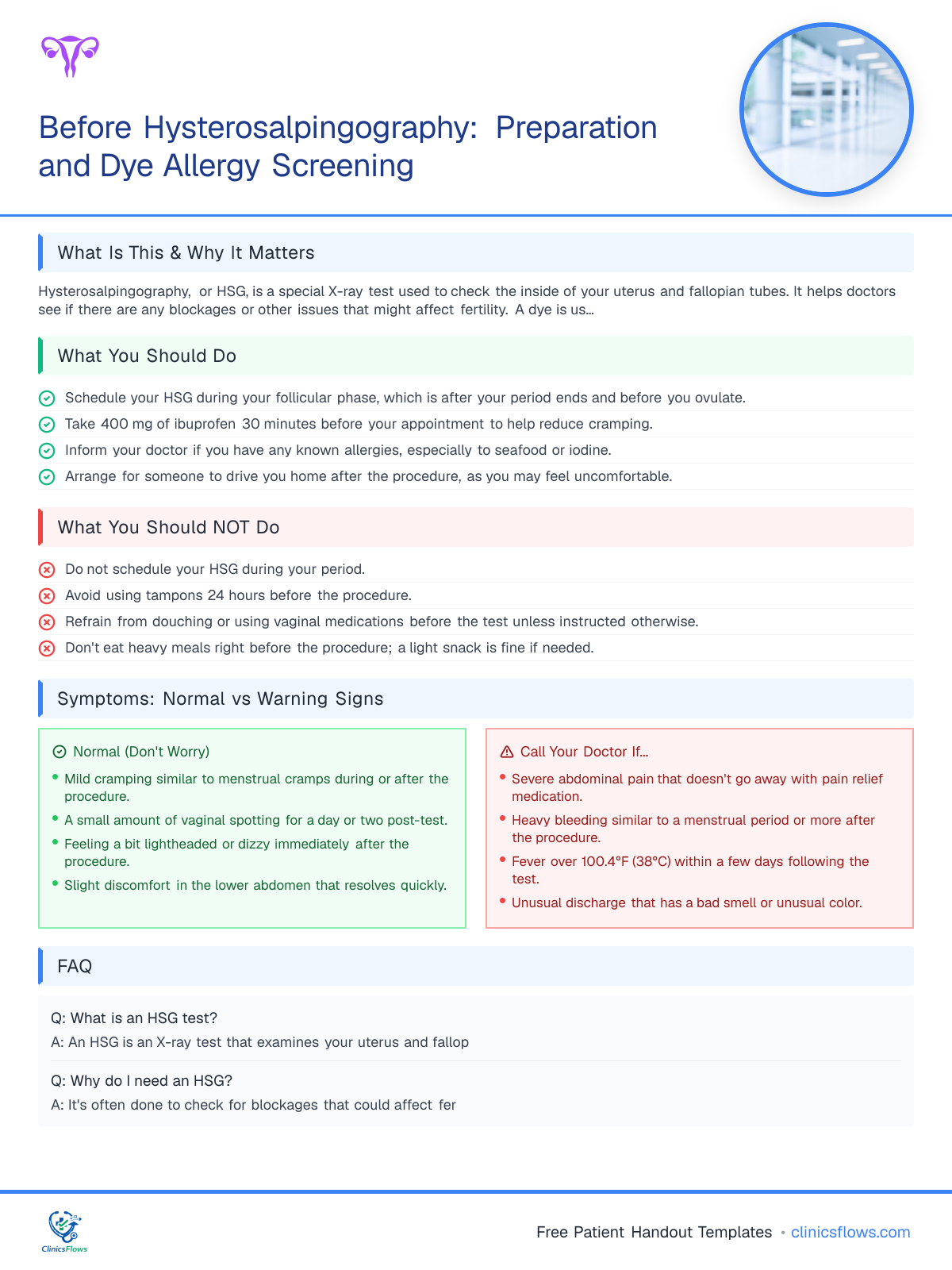 Before Hysterosalpingography: Preparation and Dye Allergy Screening - patient handout preview