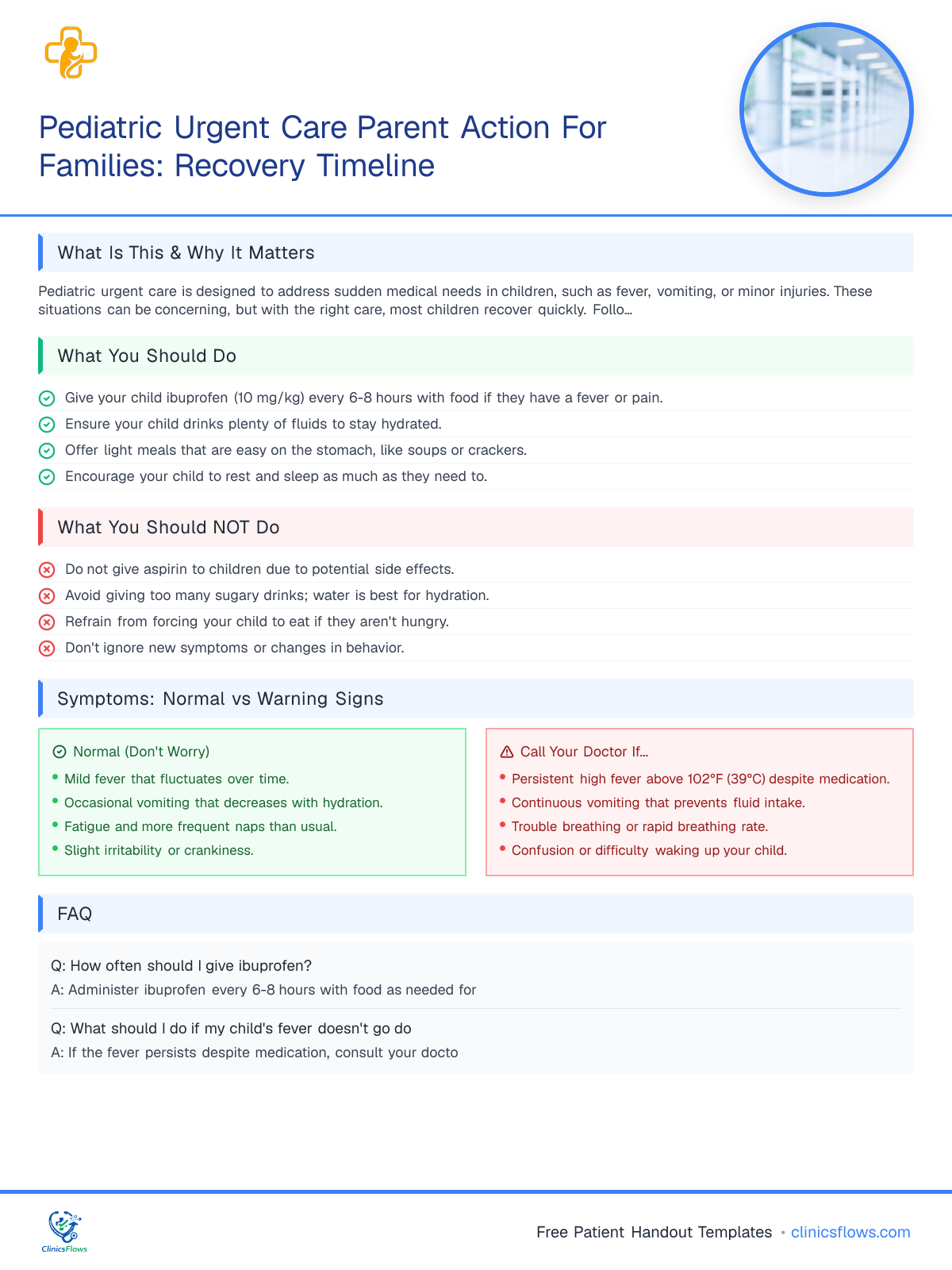 Pediatric Urgent Care Parent Action For Families: Recovery Timeline - patient handout preview