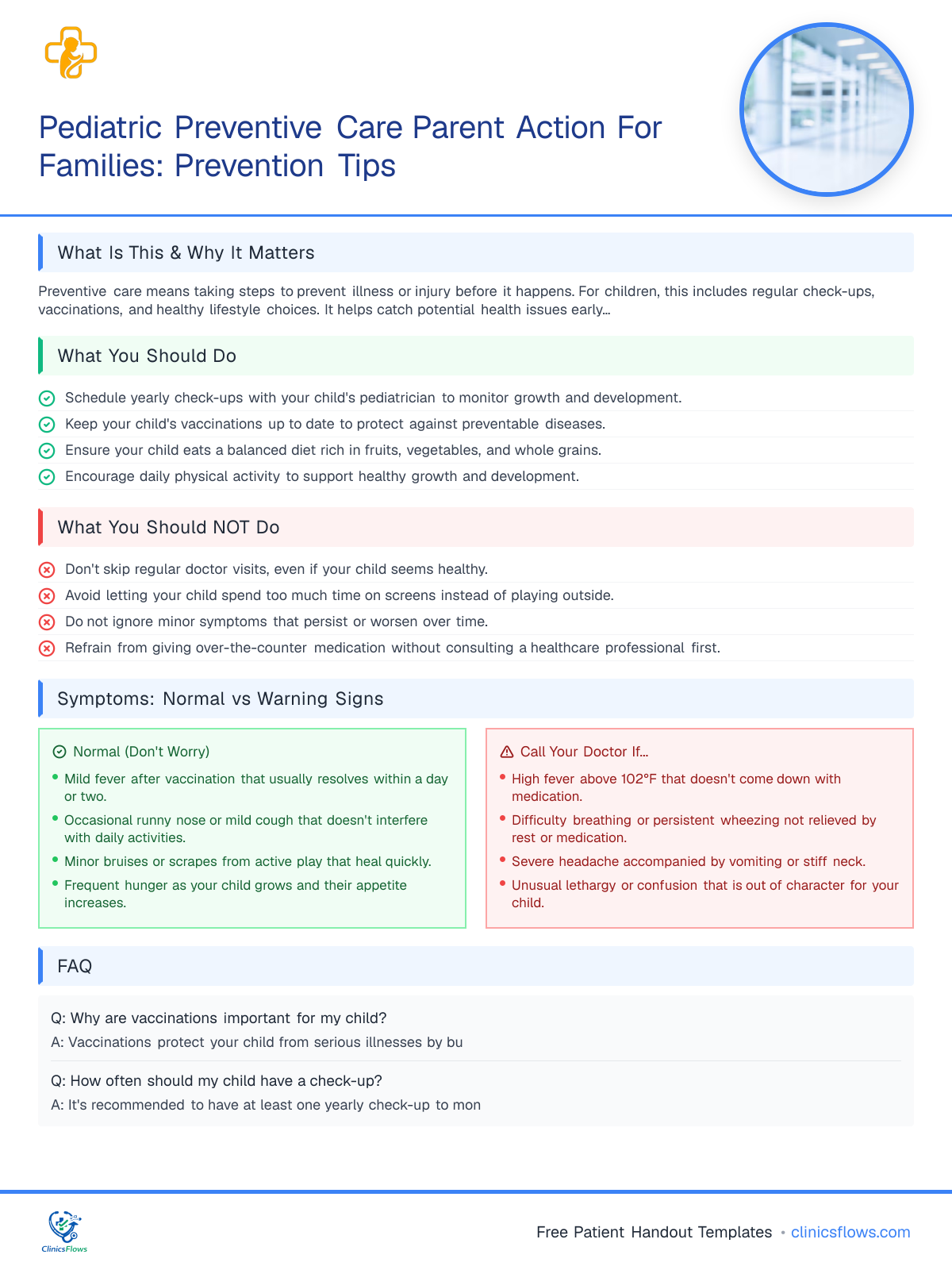 Pediatric Preventive Care Parent Action For Families: Prevention Tips - patient handout preview