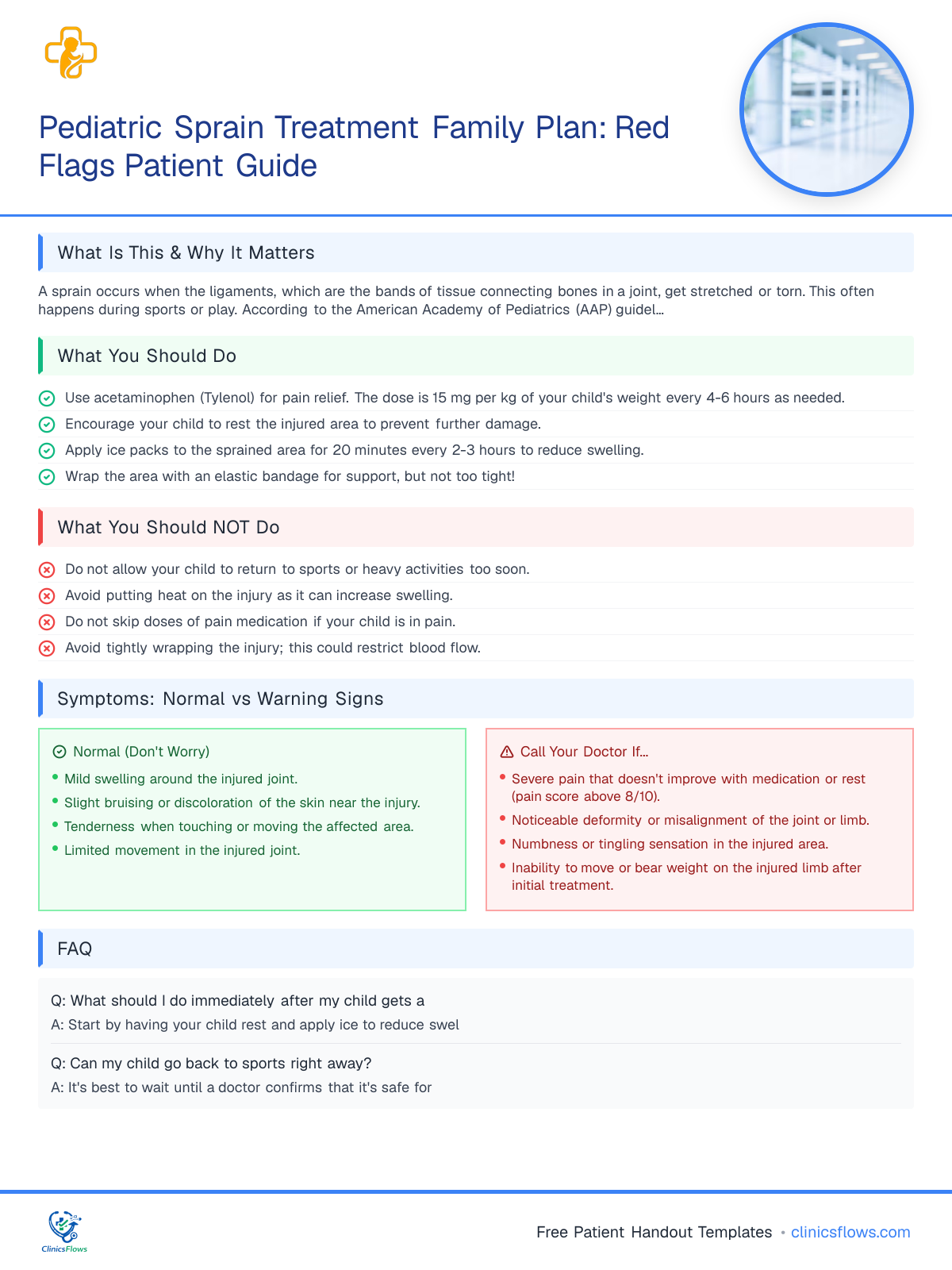Pediatric Sprain Treatment Family Plan: Red Flags Patient Guide - patient handout preview