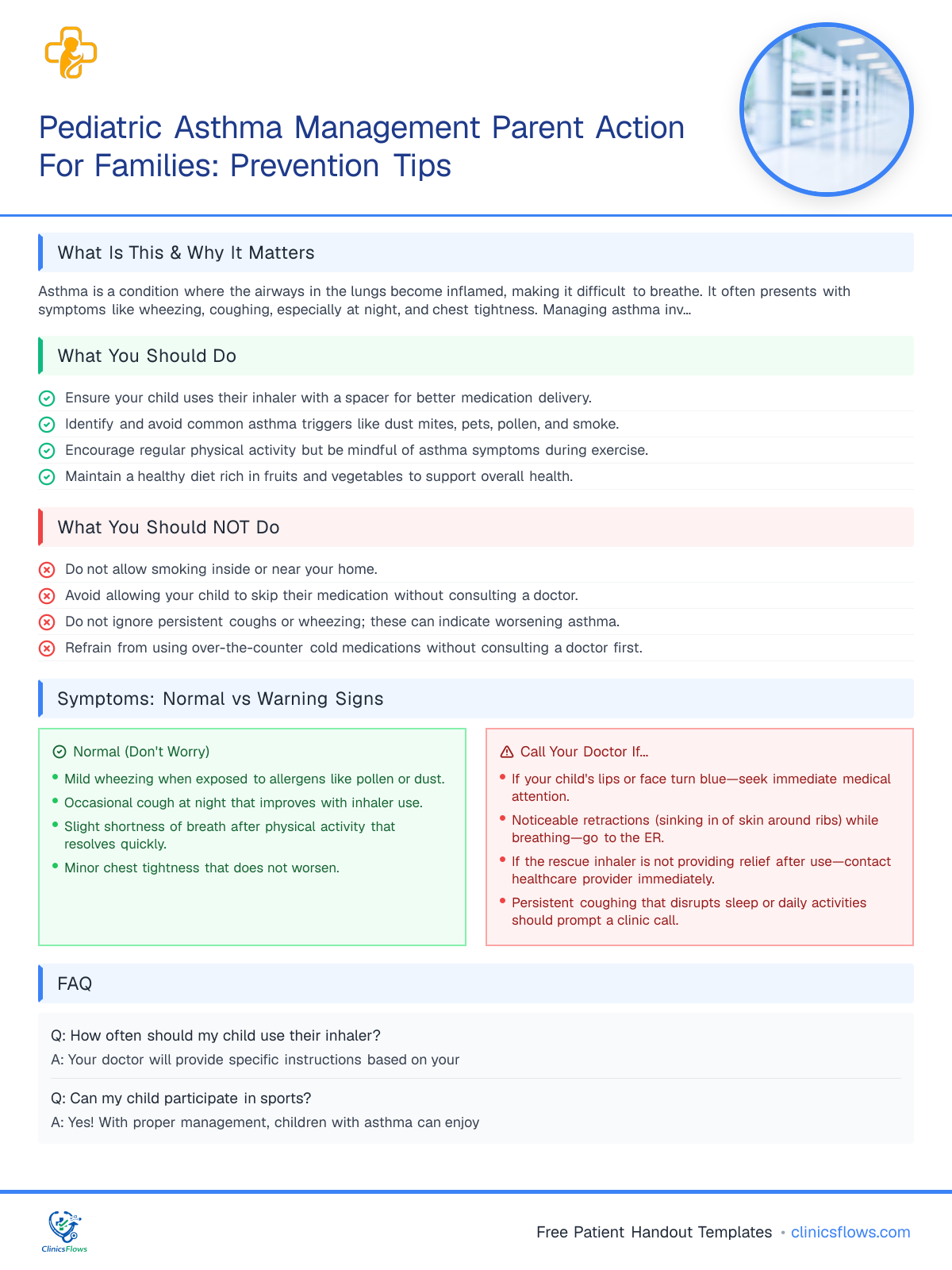 Pediatric Asthma Management Parent Action For Families: Prevention Tips - patient handout preview