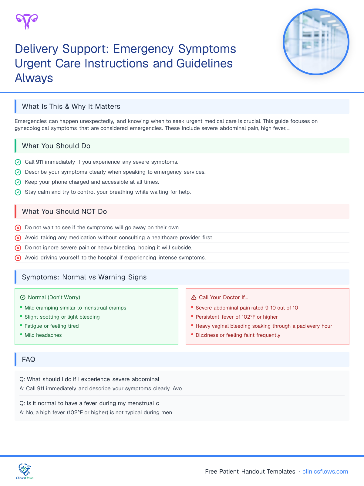 Delivery Support: Emergency Symptoms Urgent Care Instructions and Guidelines Always - patient handout preview