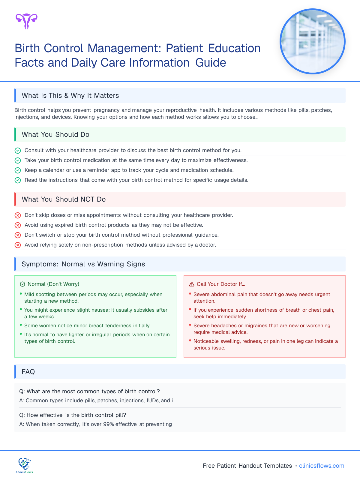 Birth Control Management: Patient Education Facts and Daily Care Information Guide - patient handout preview
