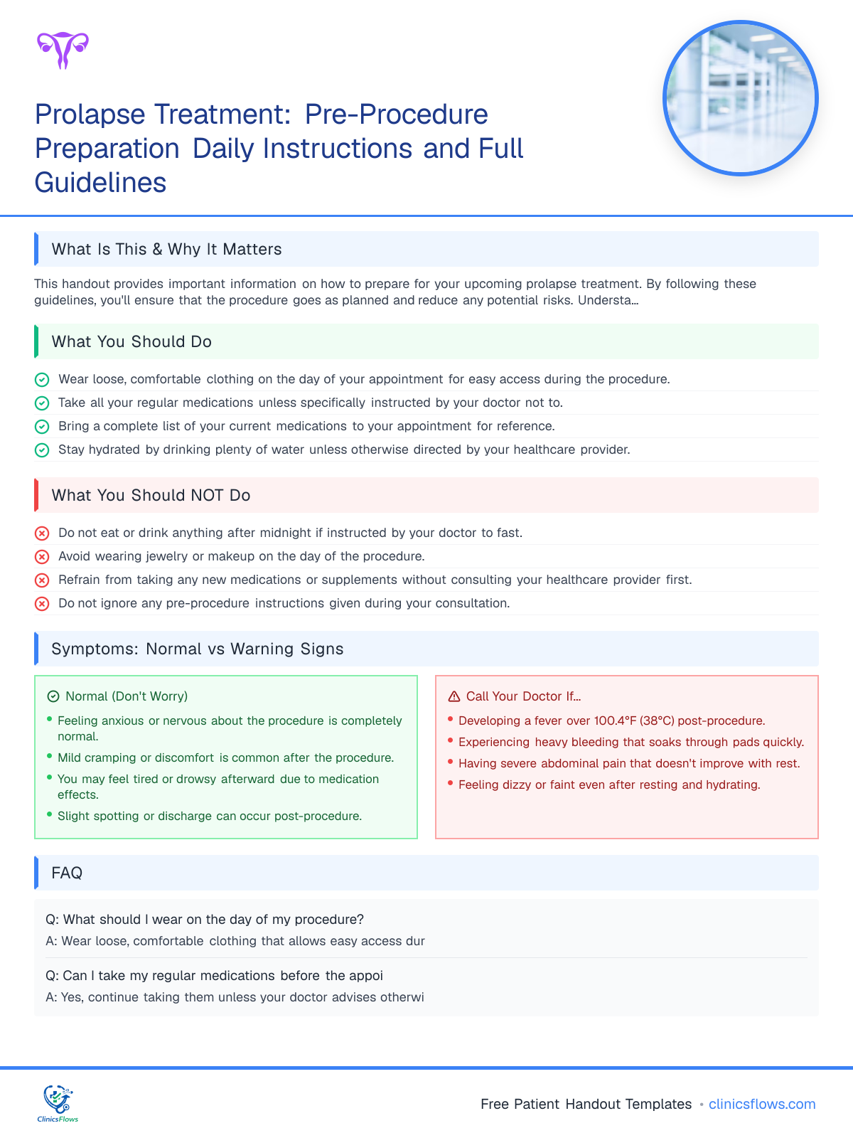 Prolapse Treatment: Pre-Procedure Preparation Daily Instructions and Full Guidelines - patient handout preview