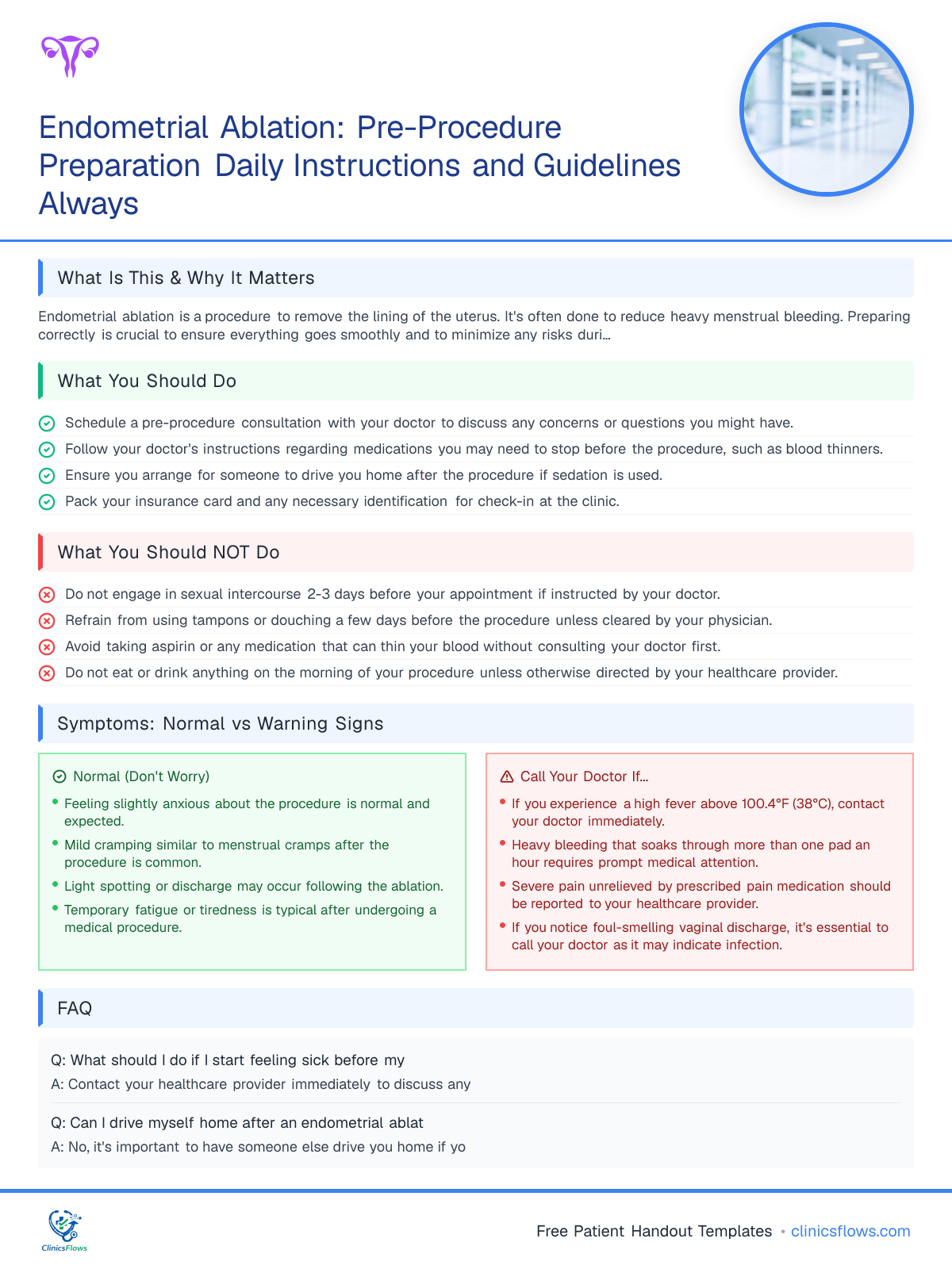 Endometrial Ablation: Pre-Procedure Preparation Daily Instructions and Guidelines Always - patient handout preview