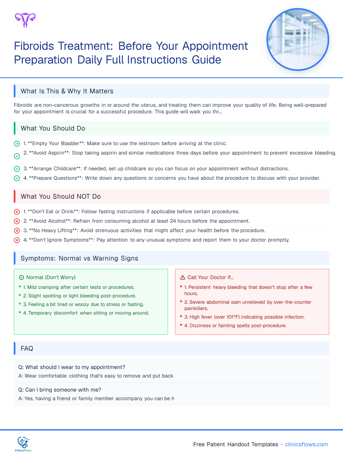 Fibroids Treatment: Before Your Appointment Preparation Daily Full Instructions Guide - patient handout preview