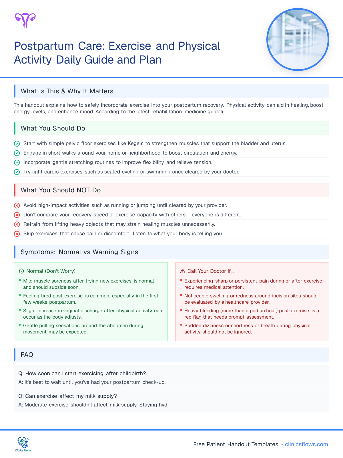 Postpartum Care: Exercise and Physical Activity Daily Guide and Plan - patient handout preview