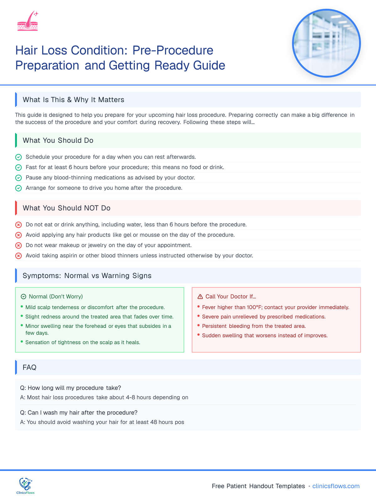Hair Loss Condition: Pre-Procedure Preparation and Getting Ready Guide - patient handout preview