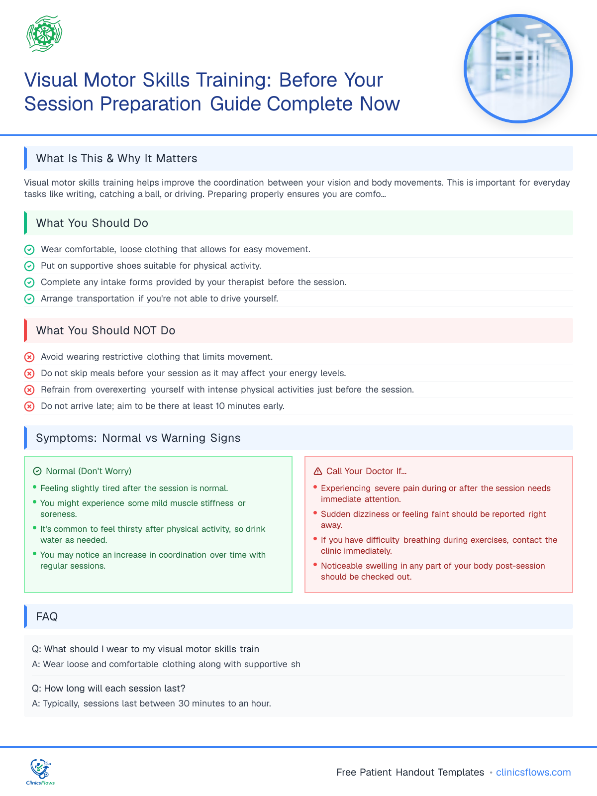 Visual Motor Skills Training: Before Your Session Preparation Guide Complete Now - patient handout preview