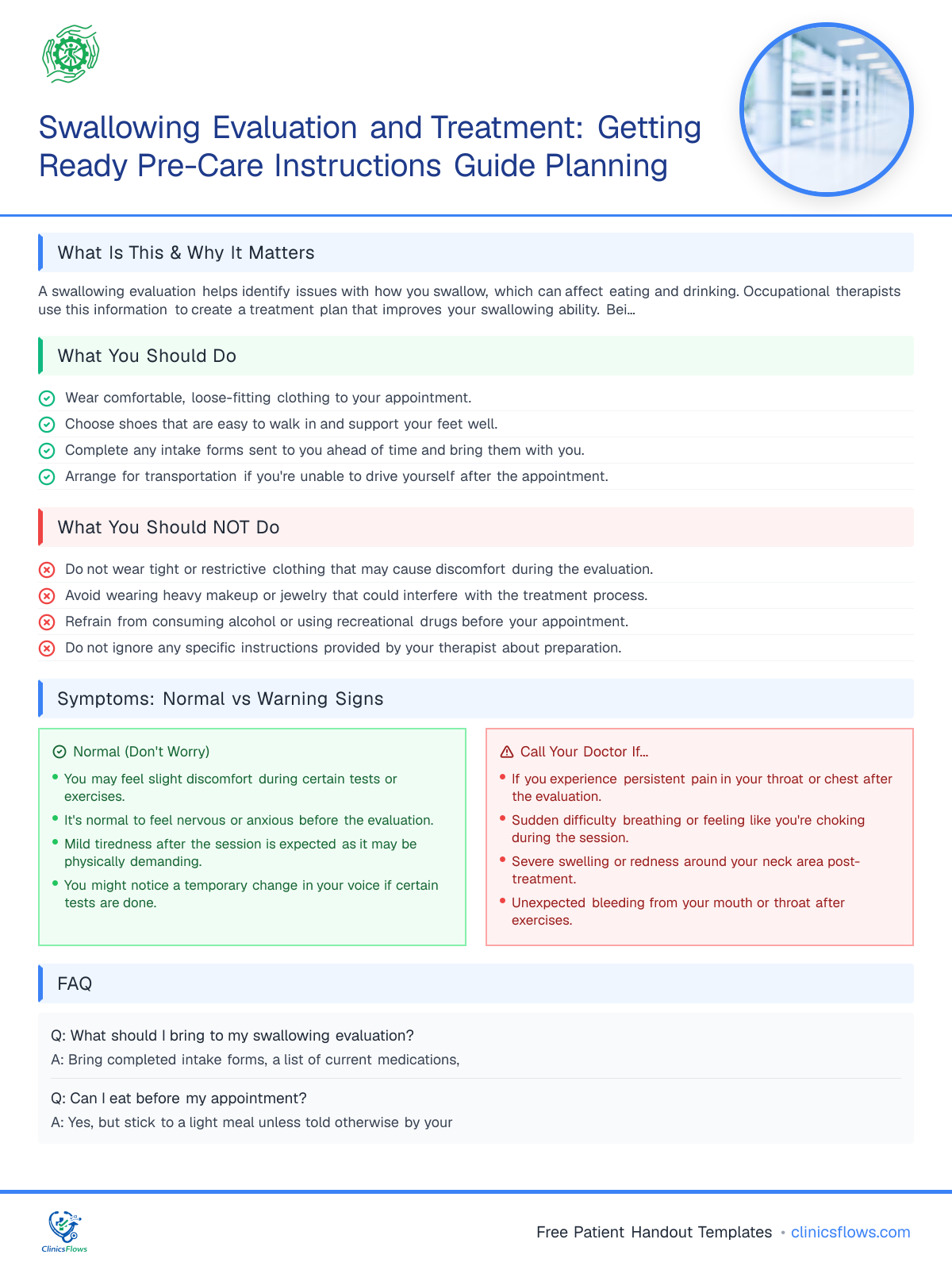 Swallowing Evaluation and Treatment: Getting Ready Pre-Care Instructions Guide Planning - patient handout preview
