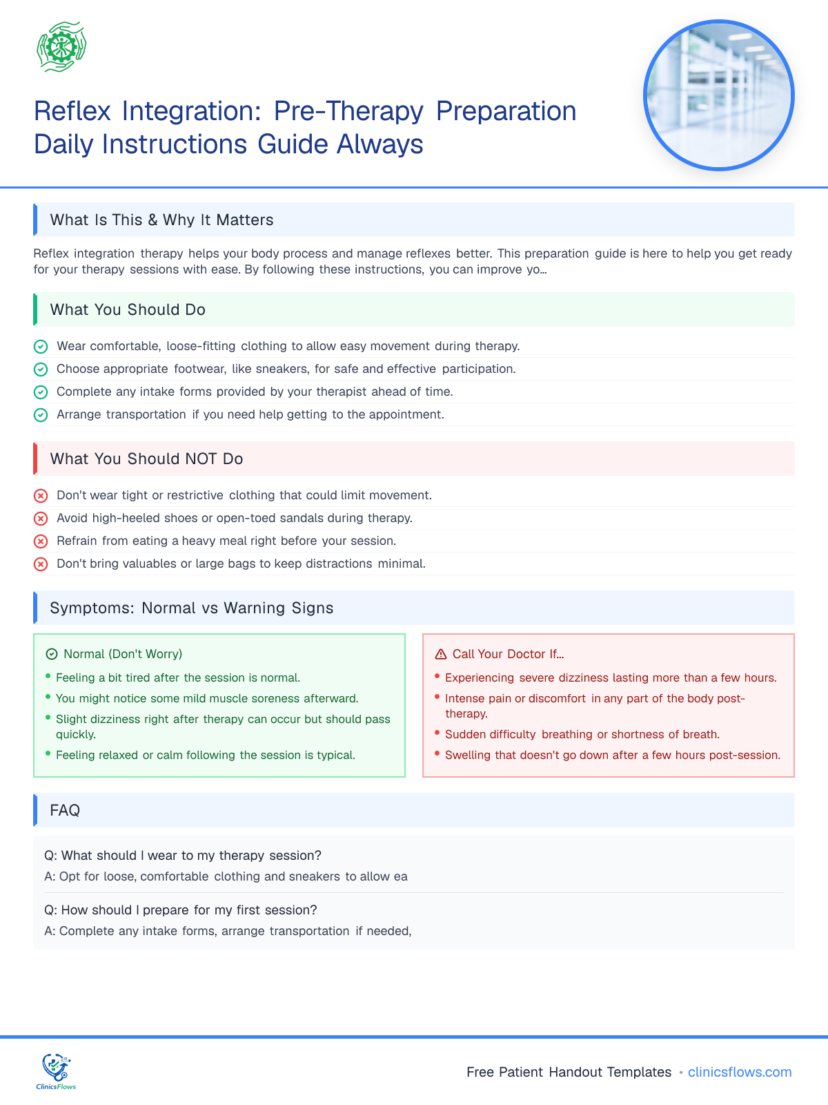 Reflex Integration: Pre-Therapy Preparation Daily Instructions Guide Always - patient handout preview